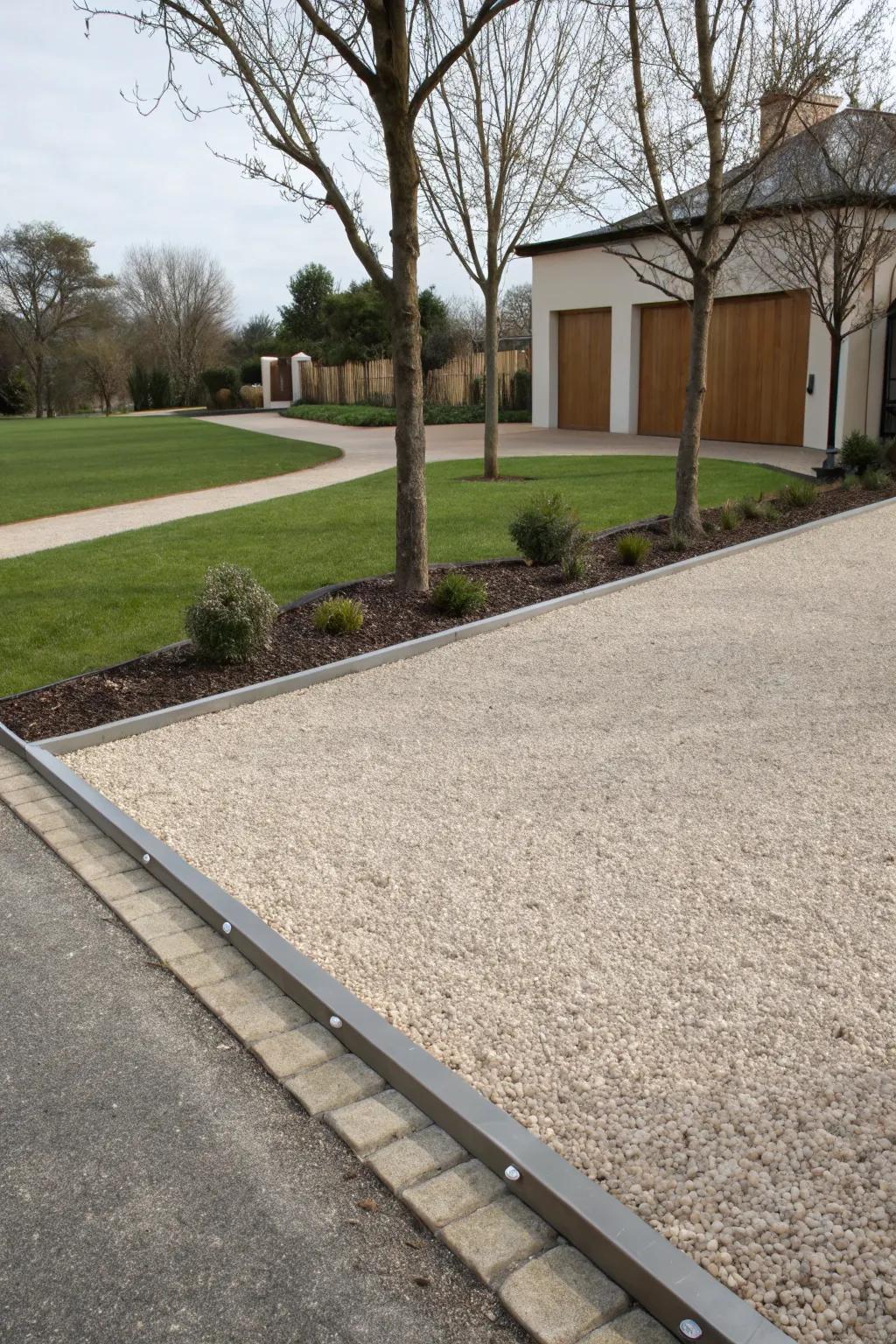 A modern pea gravel driveway with sleek metal edging.