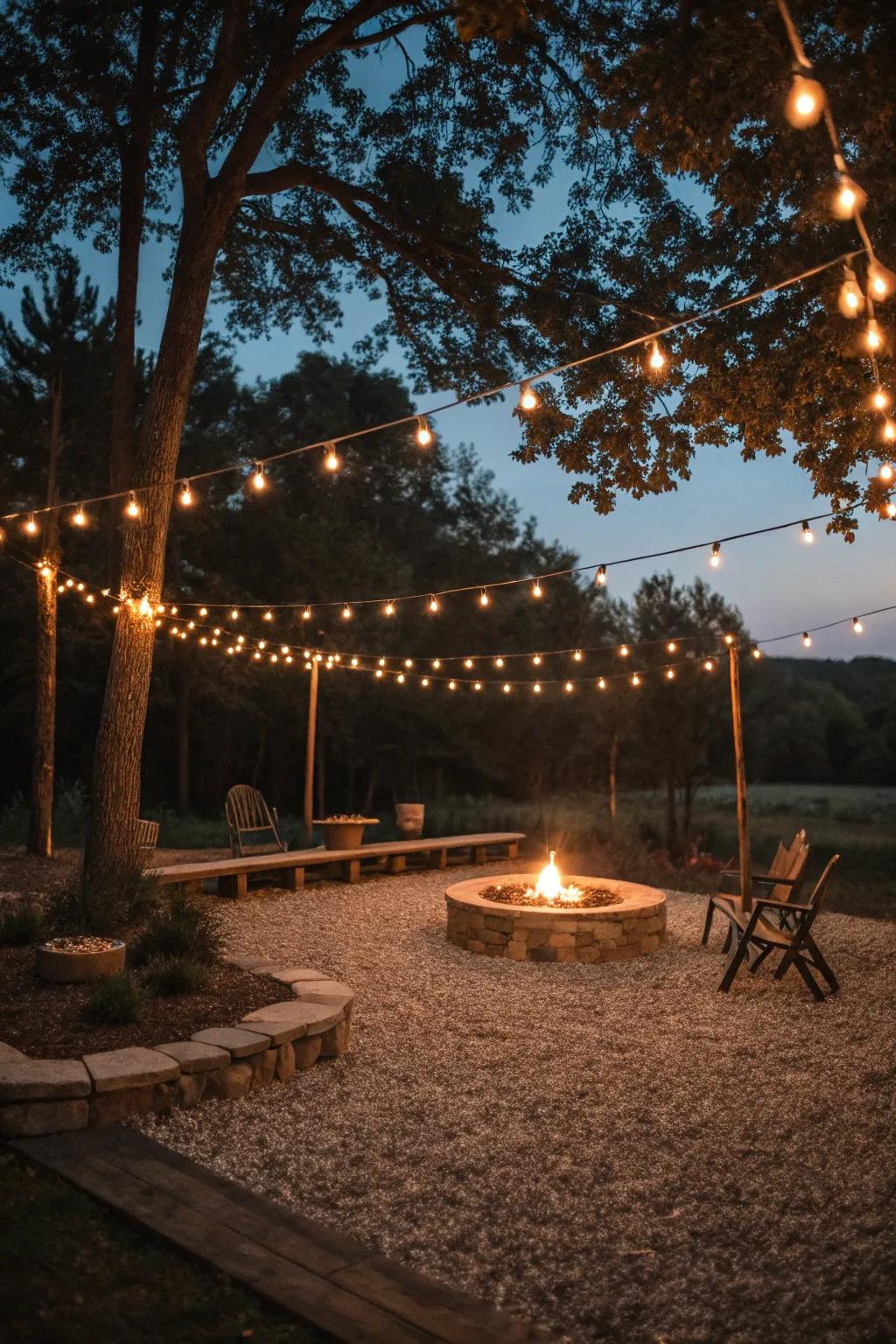 String lights add a magical touch to your fire pit setting.