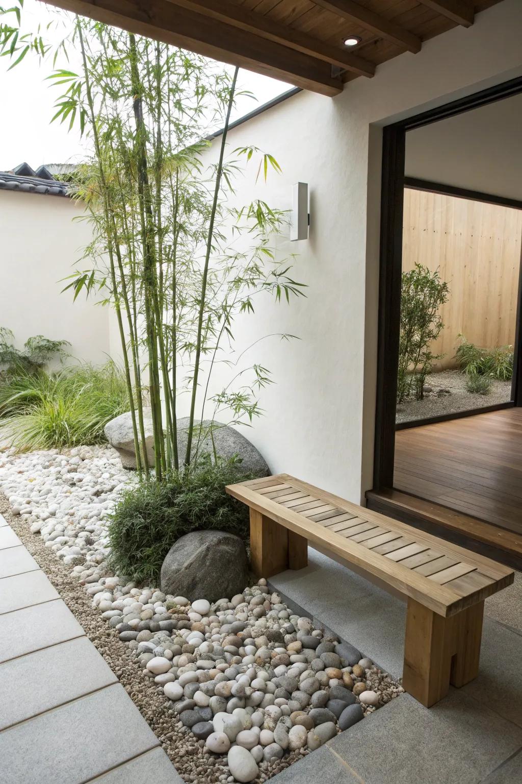 A tranquil Zen garden with pebbles and bamboo for meditation.