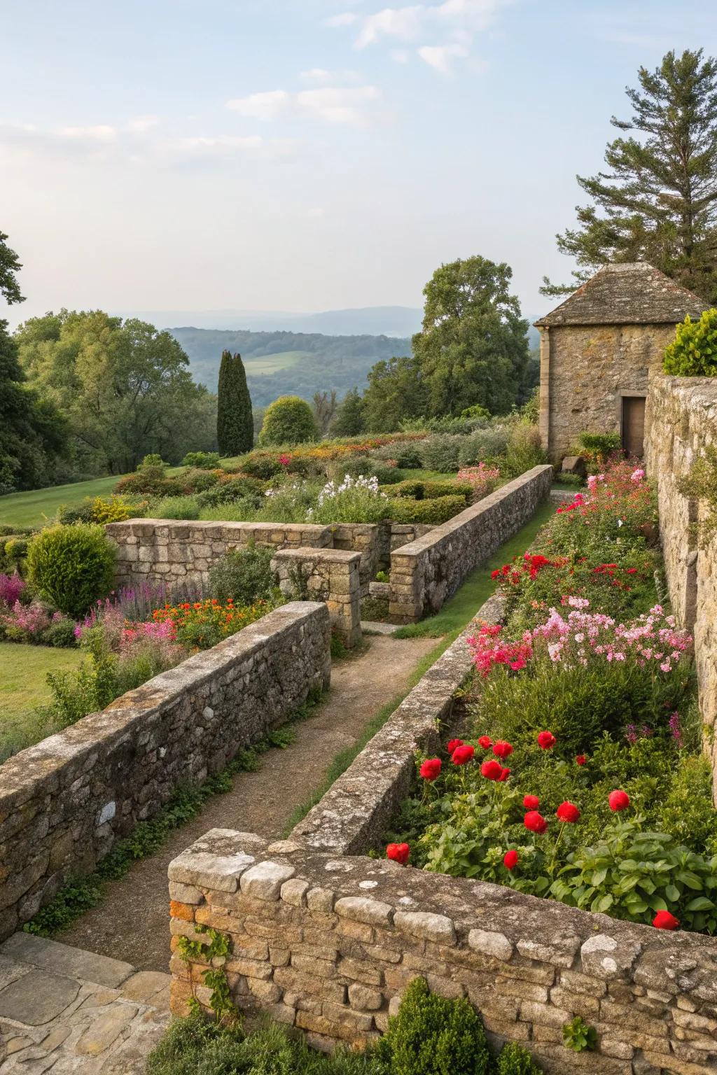 Rustic stone walls add structure and definition to the garden.