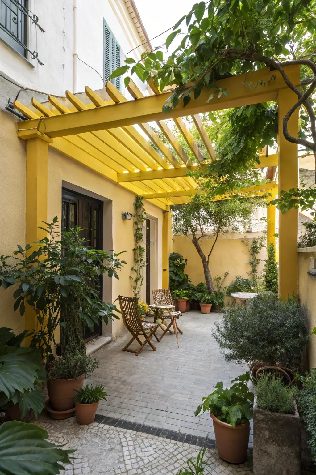 A yellow pergola can turn any outdoor area into a vibrant haven.