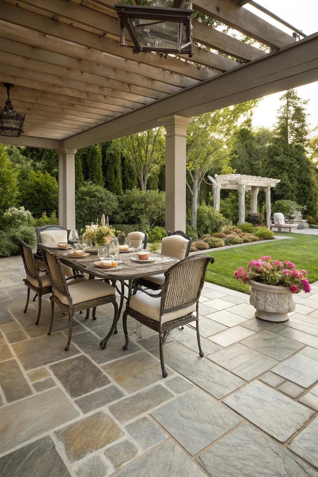 Stone tiles add elegance and durability to your pergola floor.
