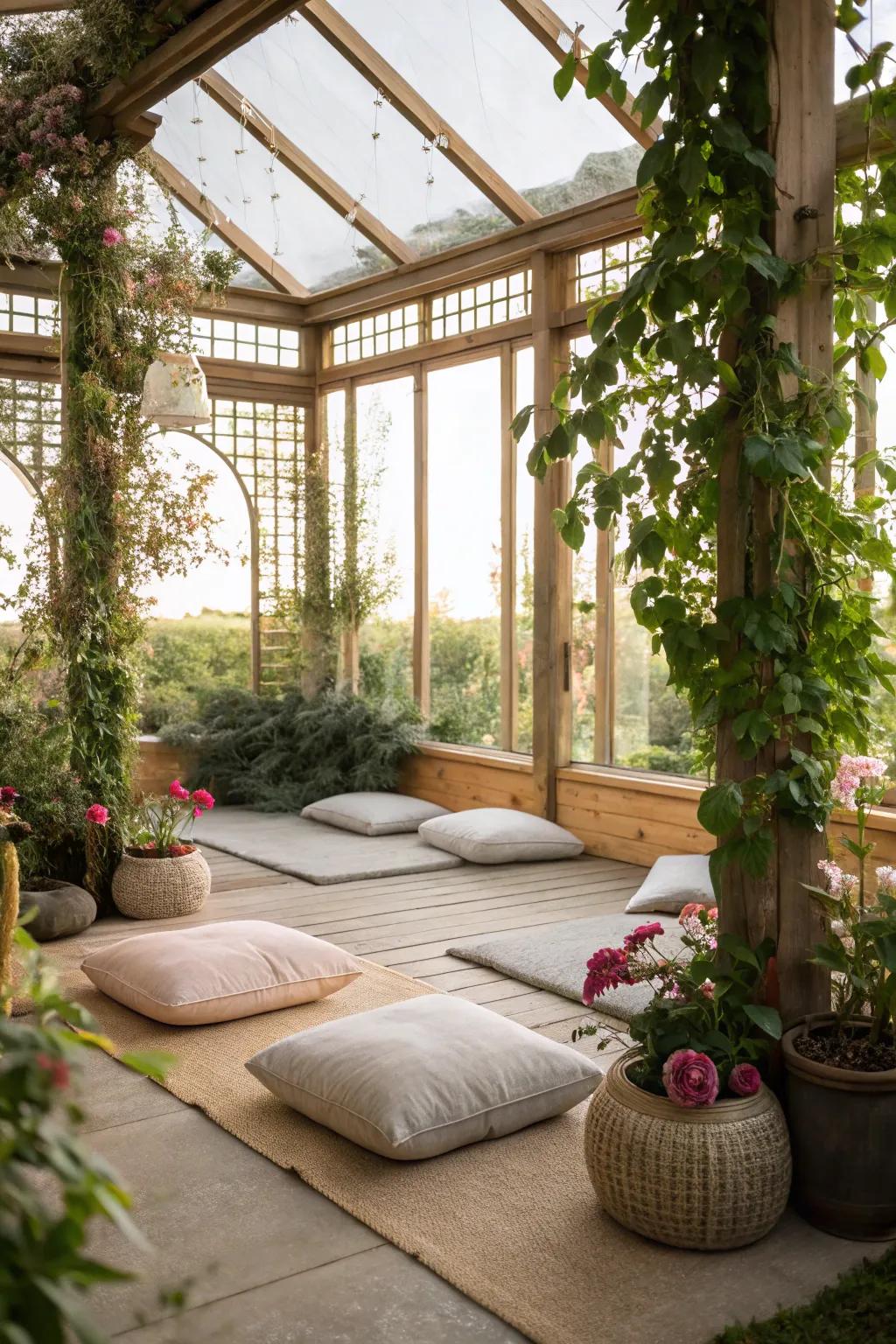 A tranquil meditation corner nestled in a pergola greenhouse.