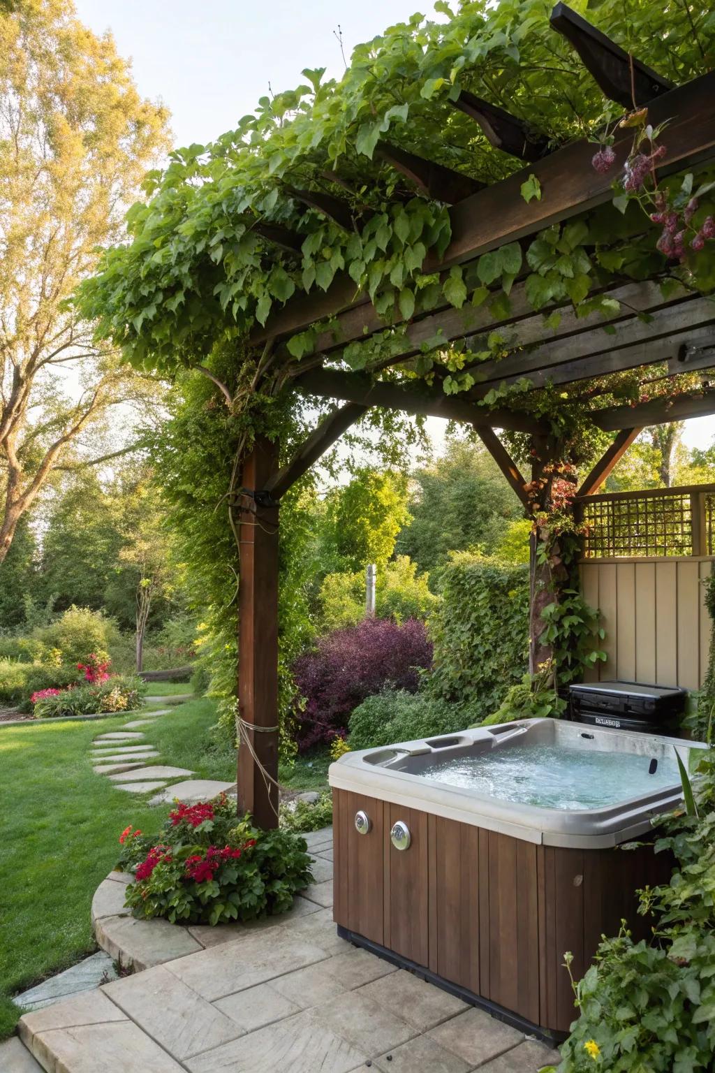 A pergola adorned with climbing plants, creating a green sanctuary over a hot tub.