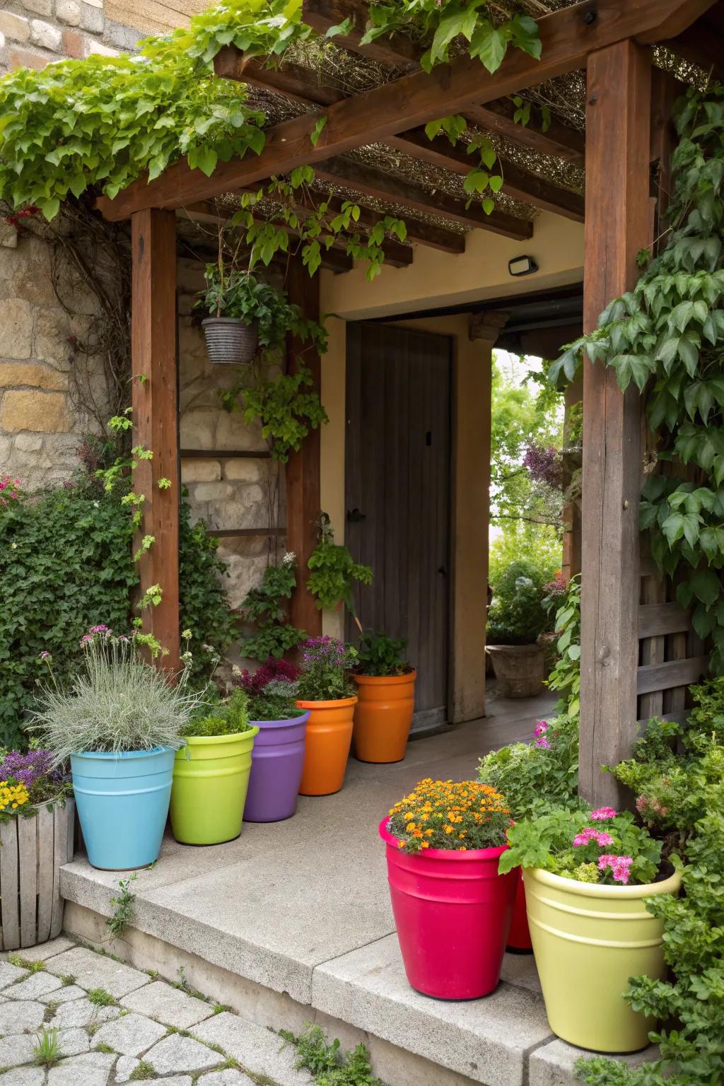 Welcome guests with clusters of colorful pots.