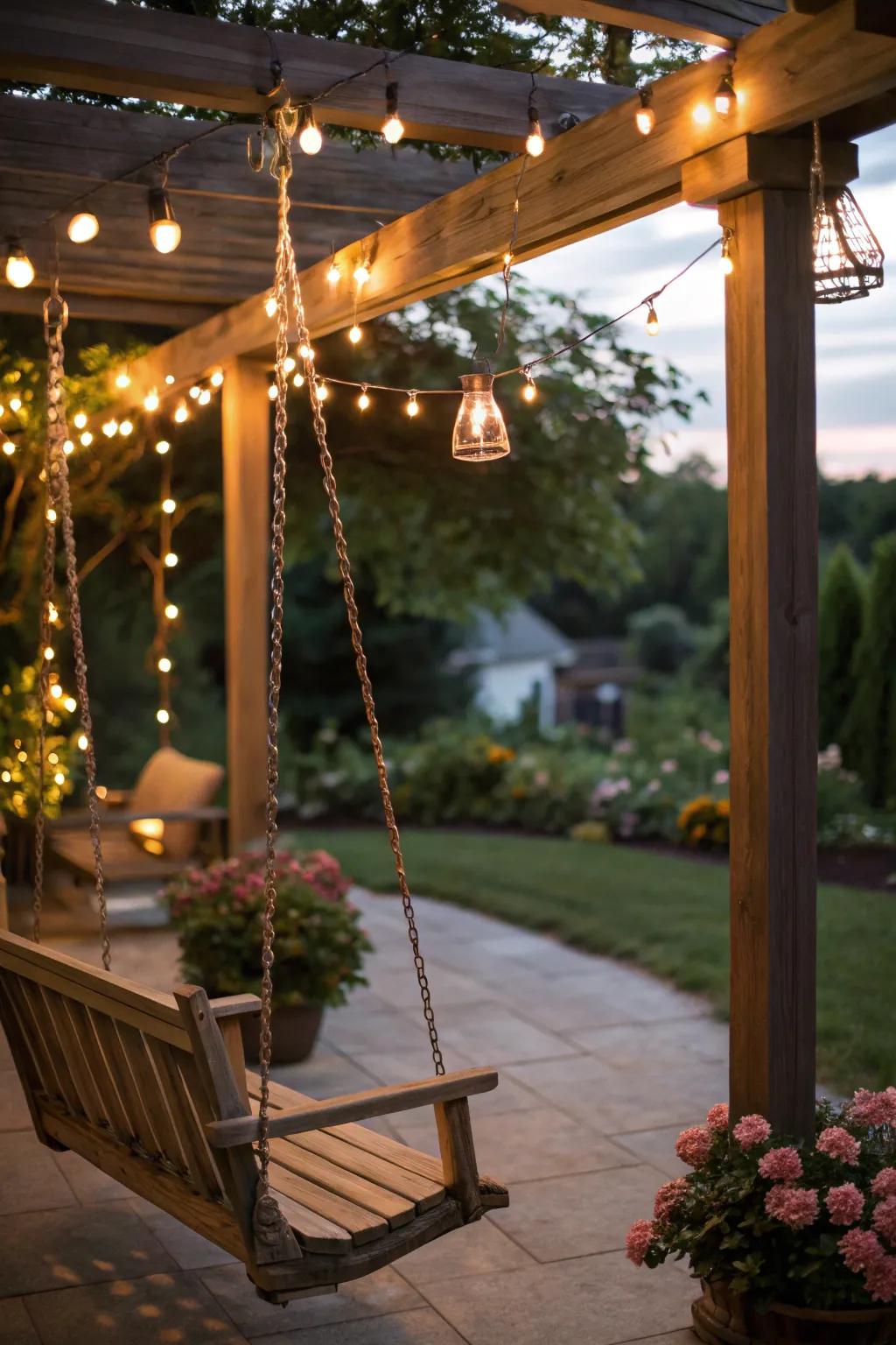 String lights add a magical touch to a pergola swing in the evening.
