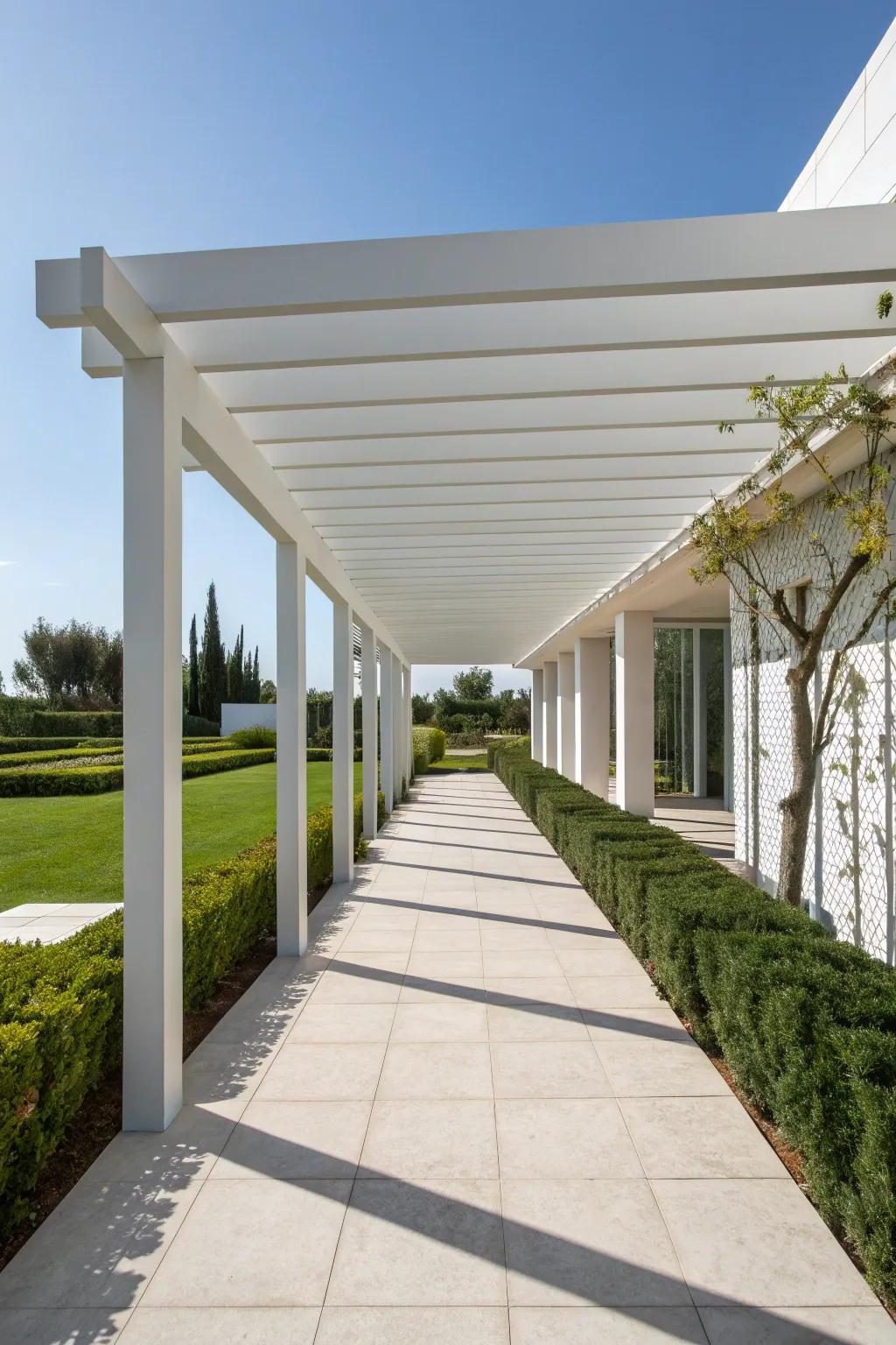 A modern minimalist pergola walkway exuding elegance and simplicity.