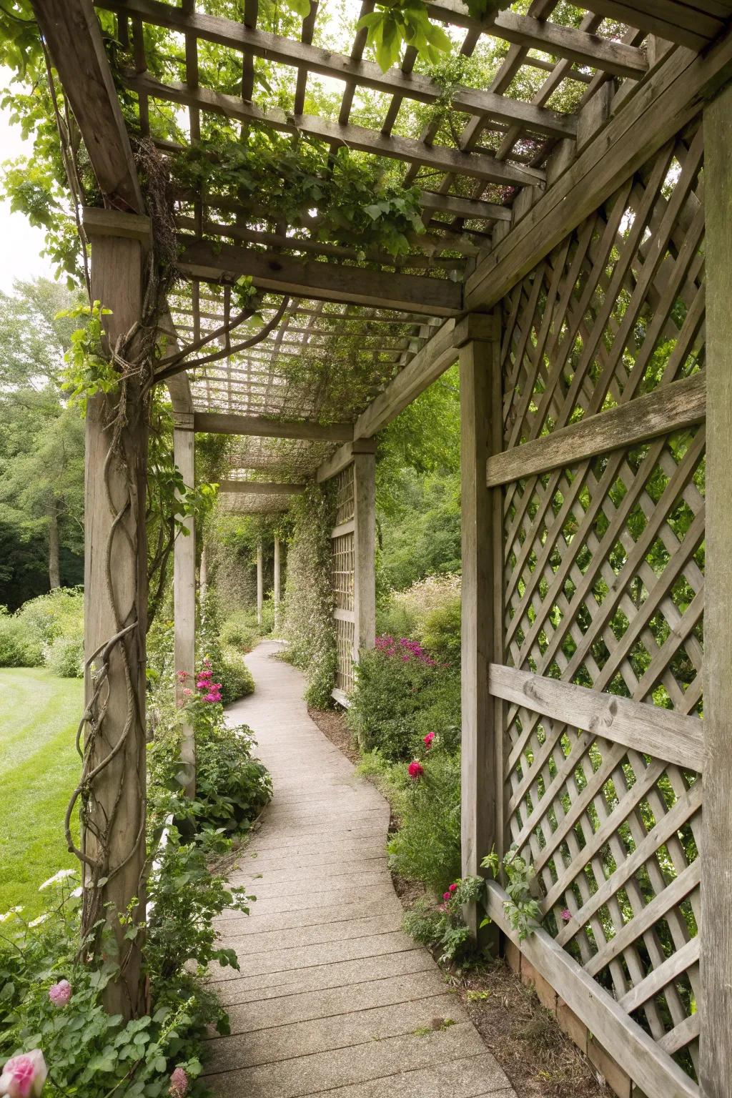 A pergola with charming lattice walls, perfect for climbing plants.