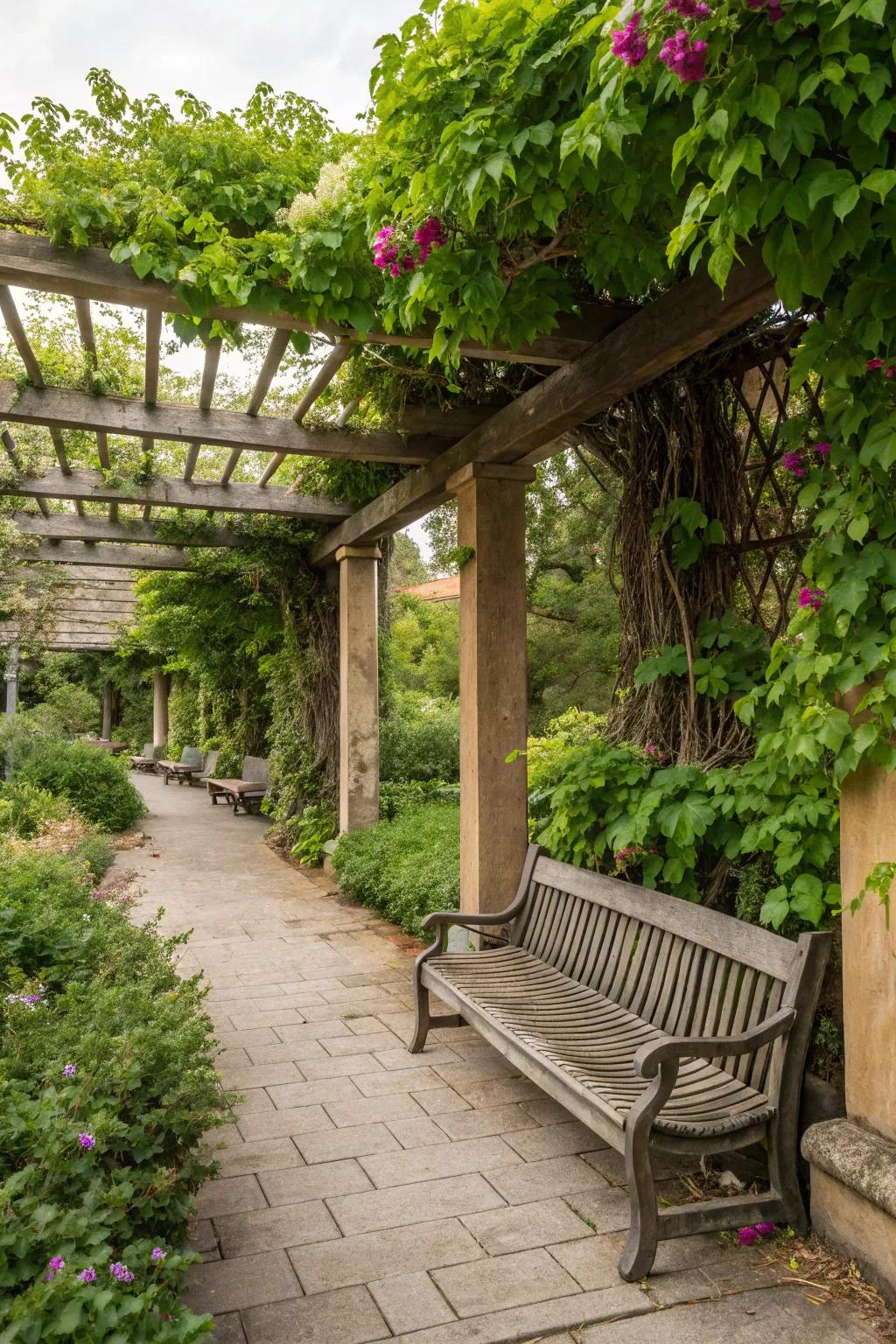 A pergola with bench seating enveloped by lush greenery.