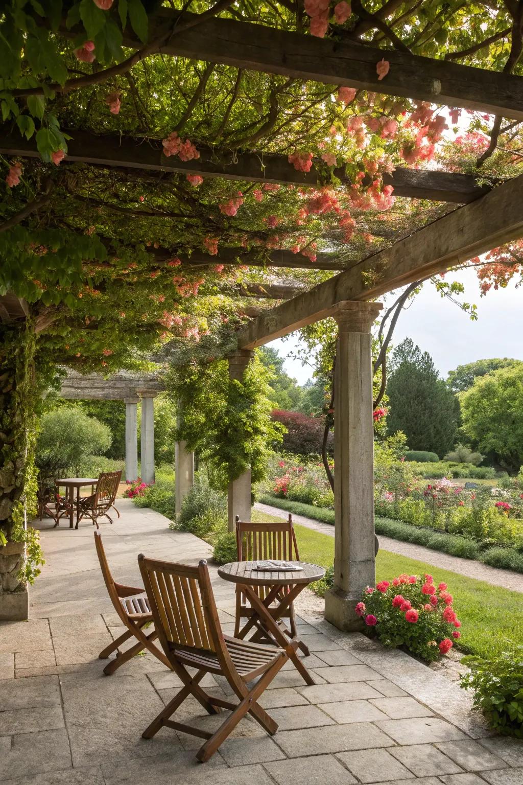 Vines transform a pergola into a blooming paradise.