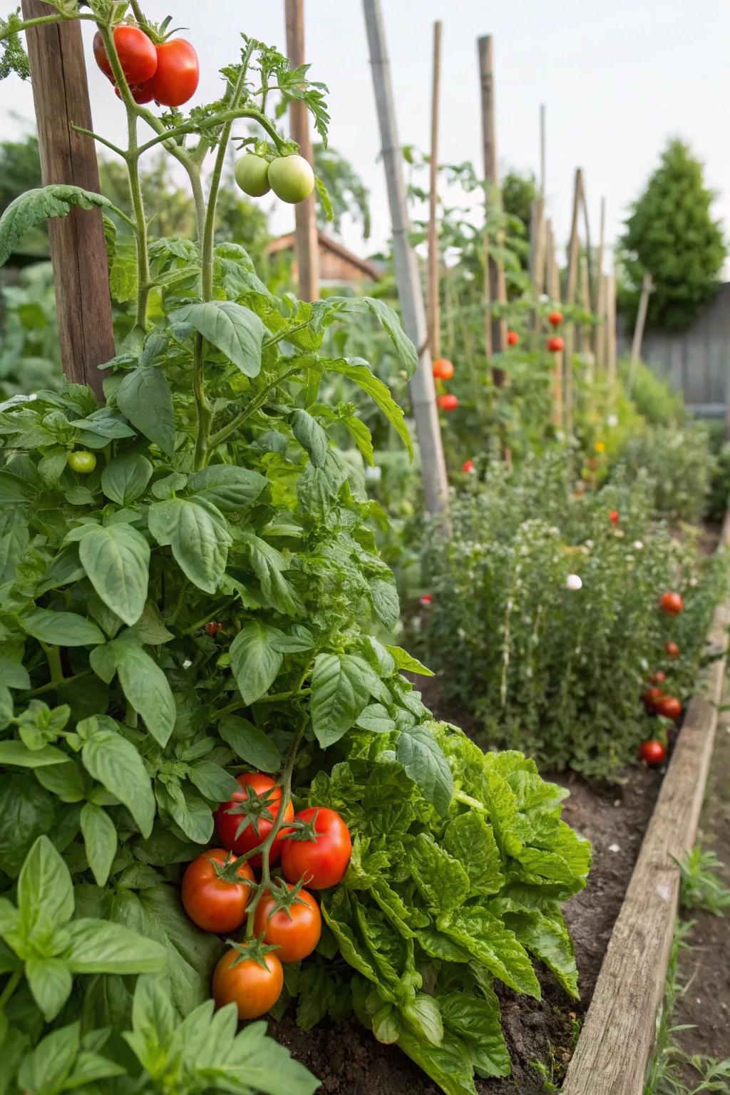 Companion planting in action with tomatoes and basil thriving together.