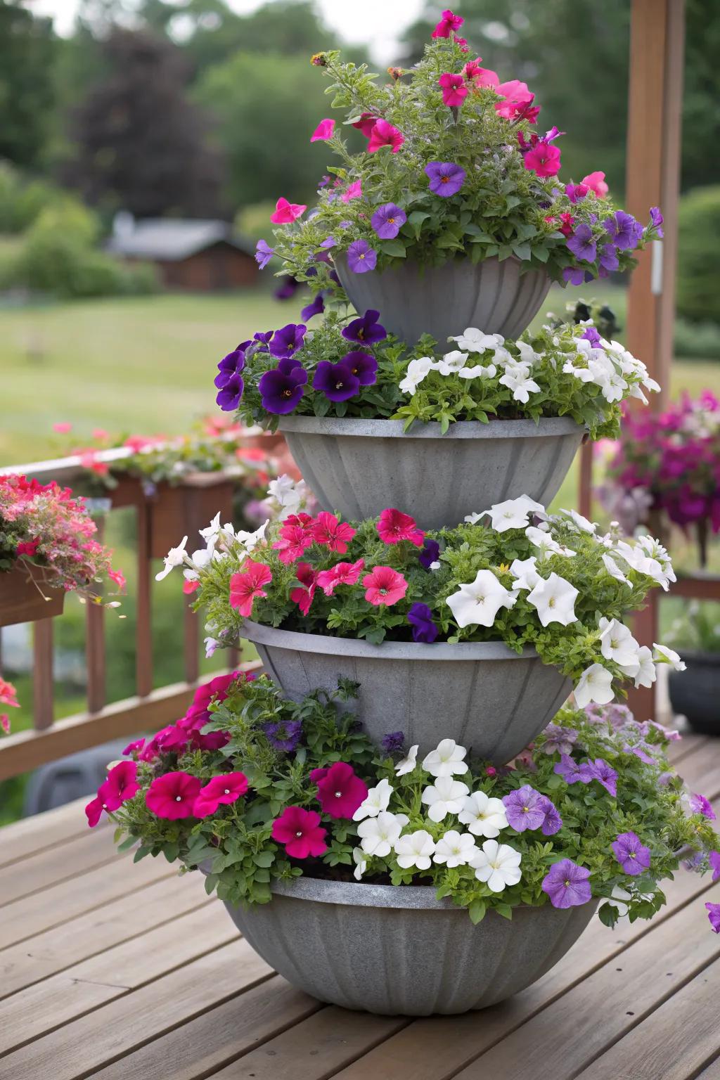 Tiered planters allow for a dynamic, layered petunia display.