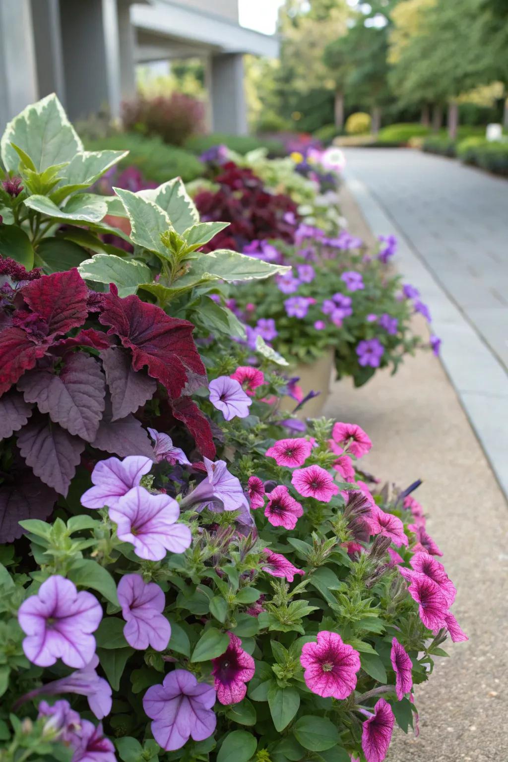 Contrasting foliage with petunias creates a stunning visual impact.