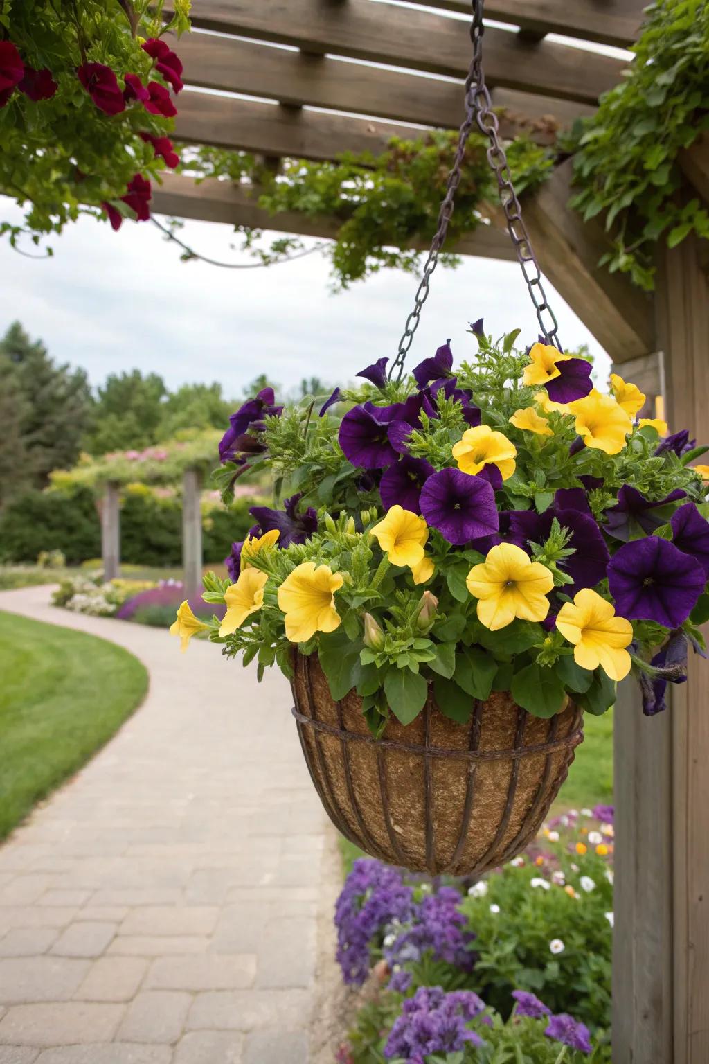 Bold contrasts of deep purple and bright yellow petunias.