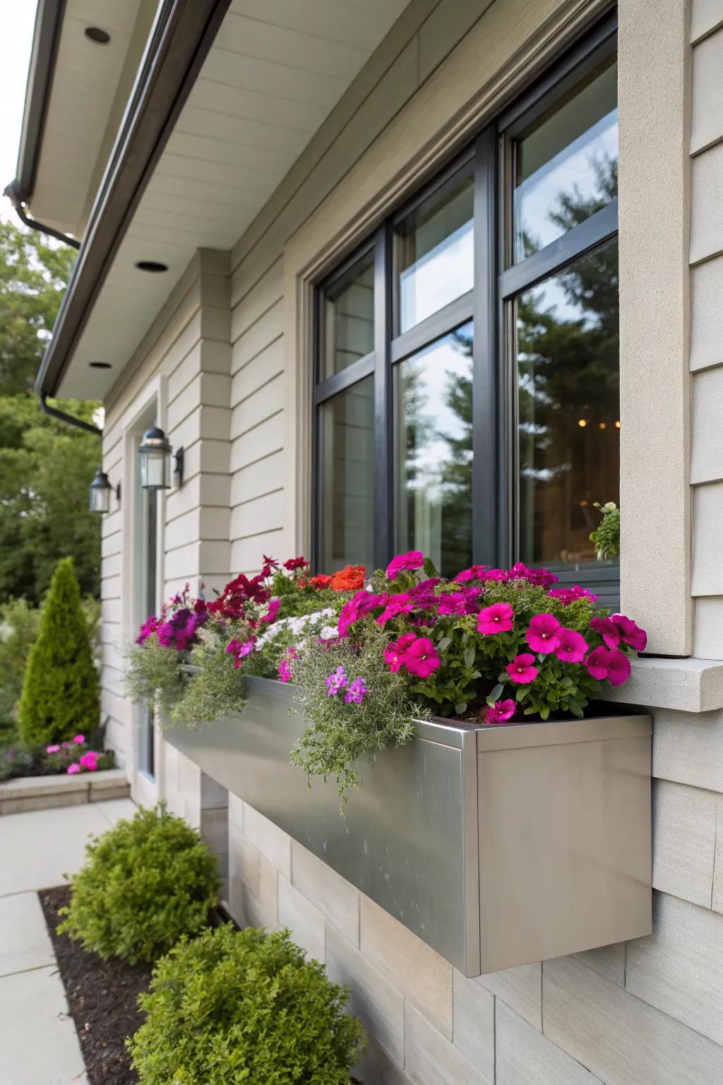 Metal window boxes offer a modern contrast to soft petunia blooms.
