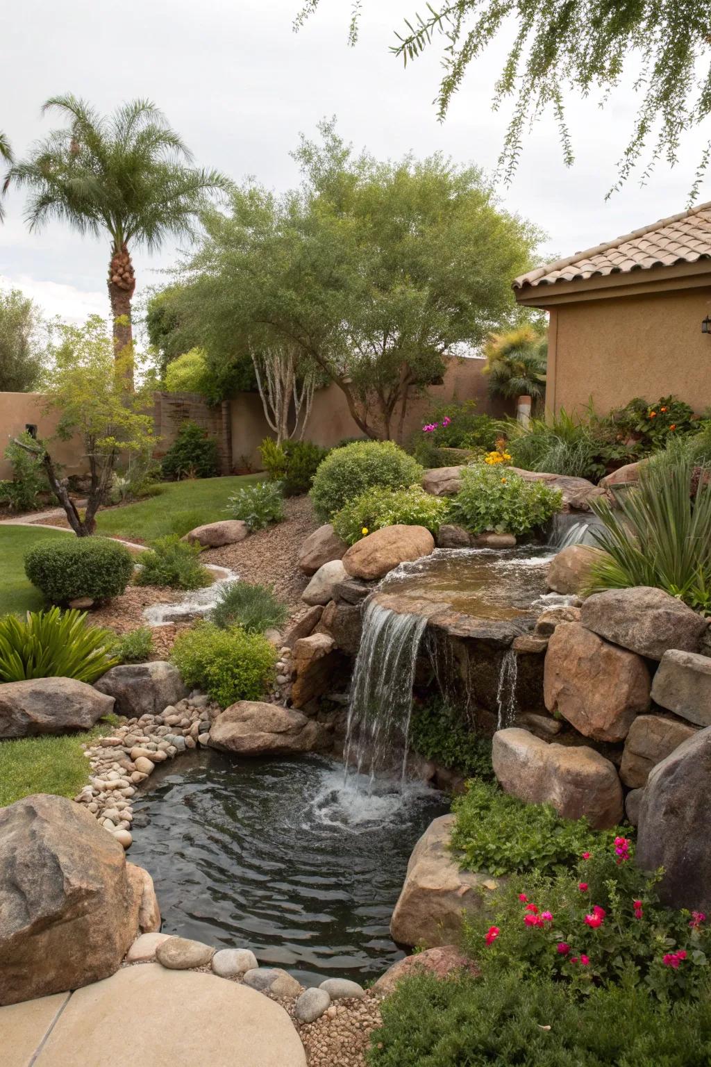 A waterfall adds tranquility and elegance to your backyard.