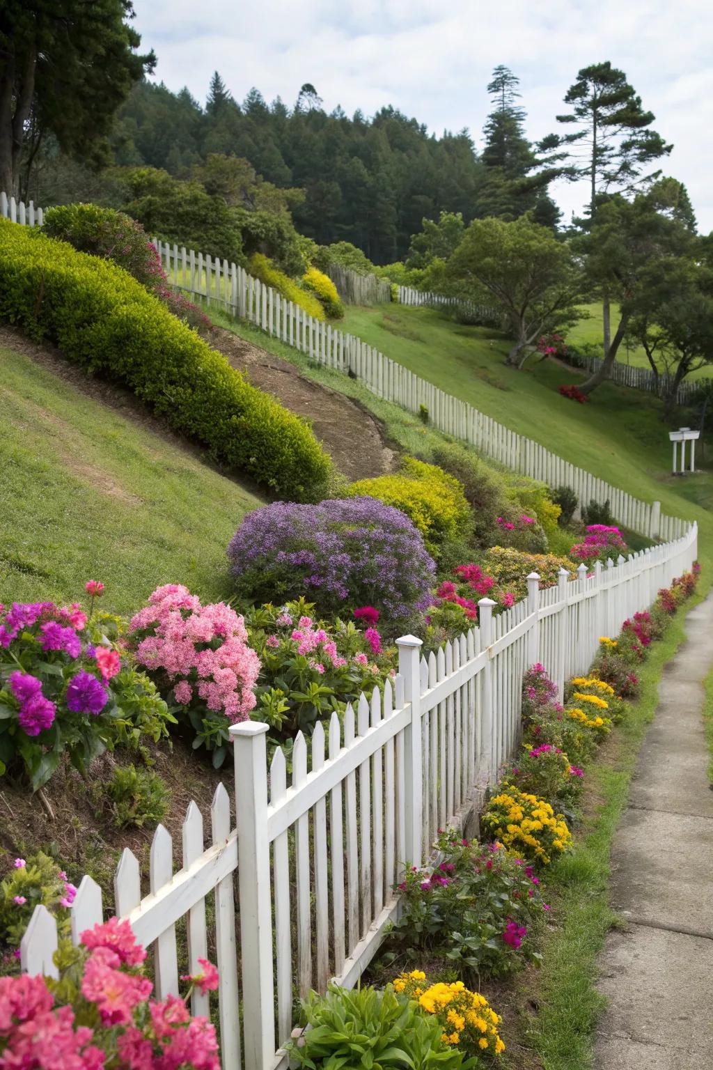 Vibrant blooms enhance the beauty of a sloped picket fence.