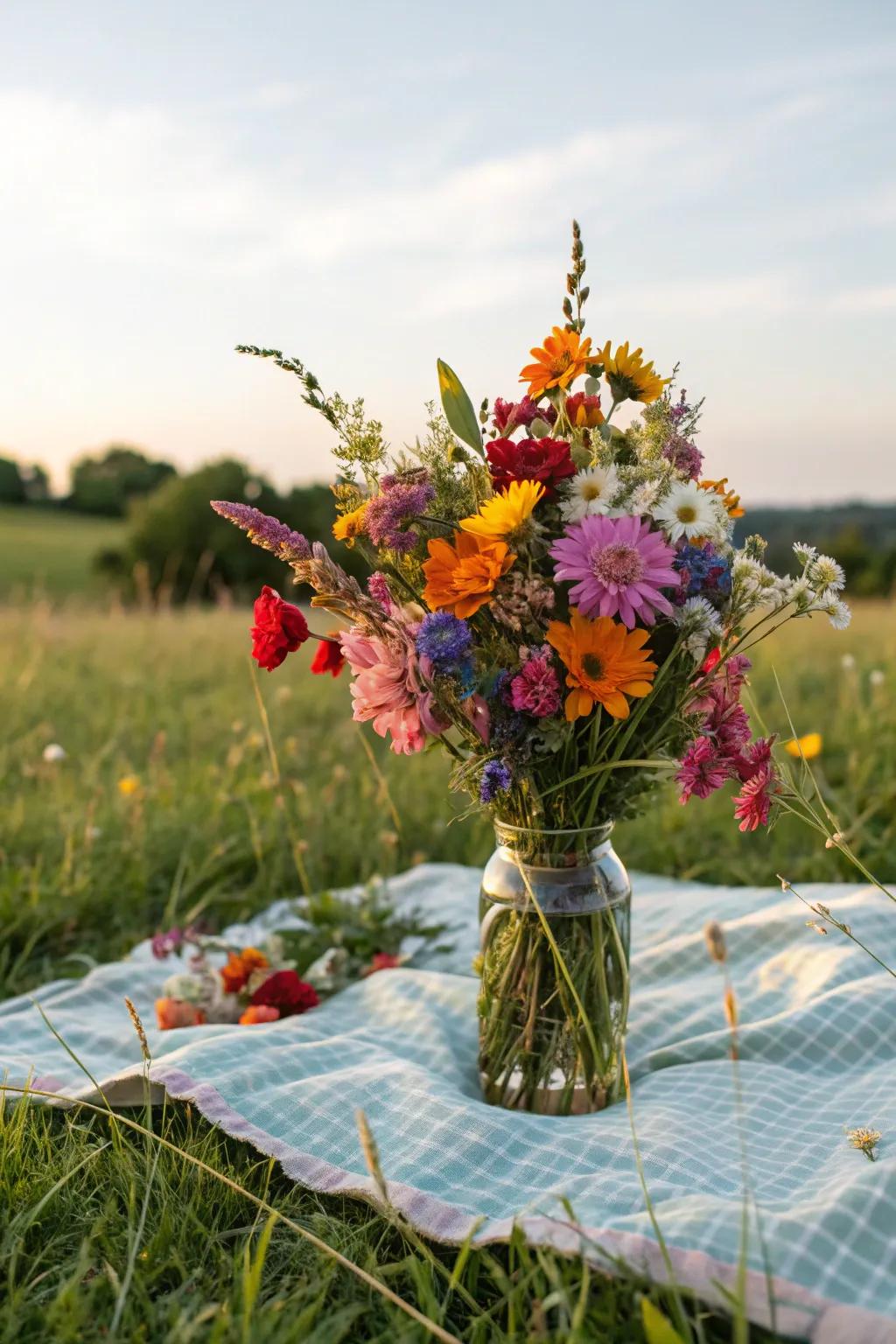 Fresh wildflowers adding charm and color to the picnic.