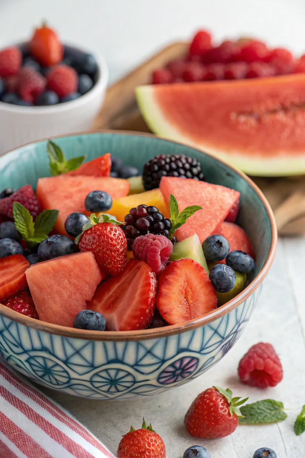 A refreshing fruit salad adds a pop of color and flavor to your picnic.