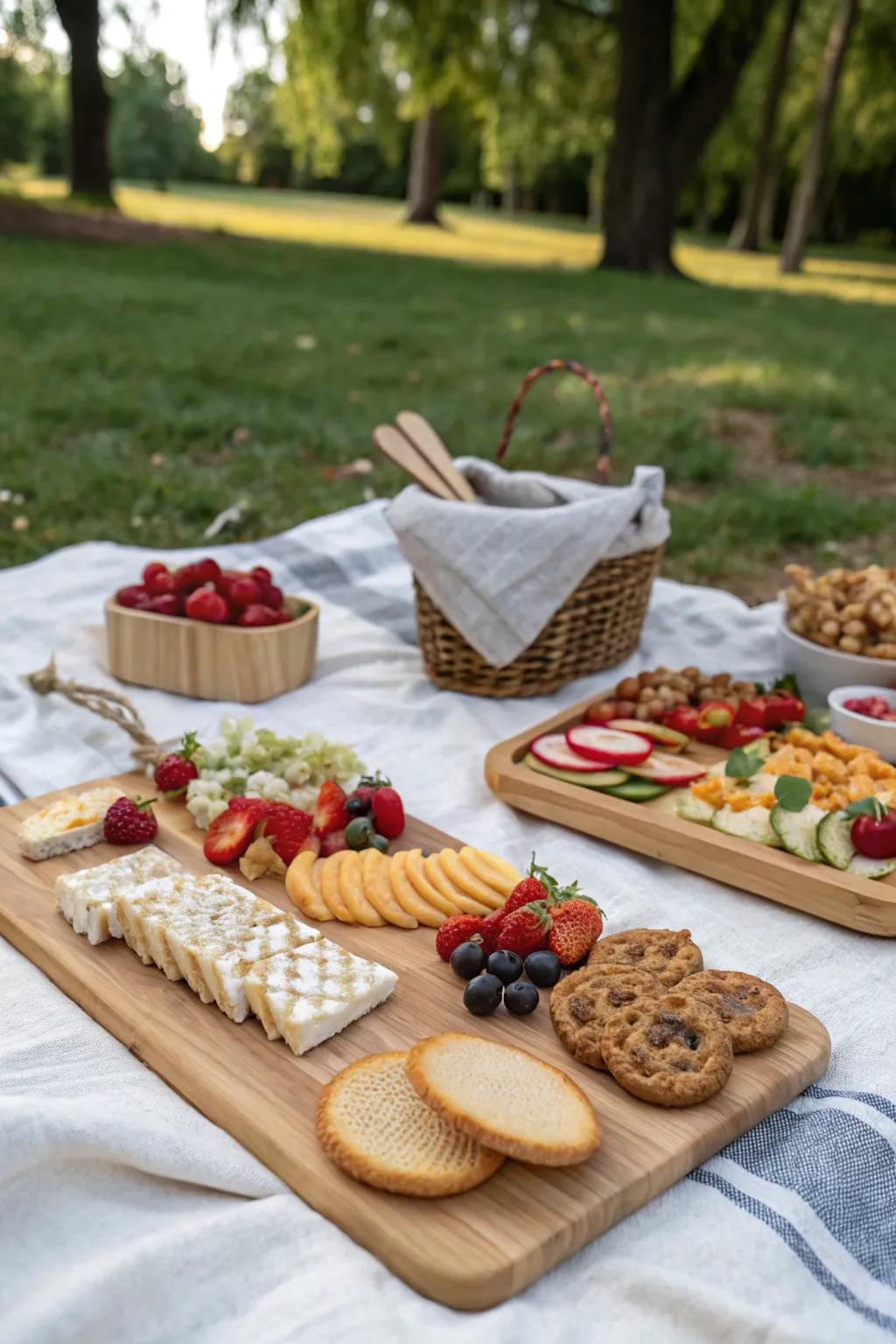 Rustic wooden boards make for an appealing display of picnic snacks.