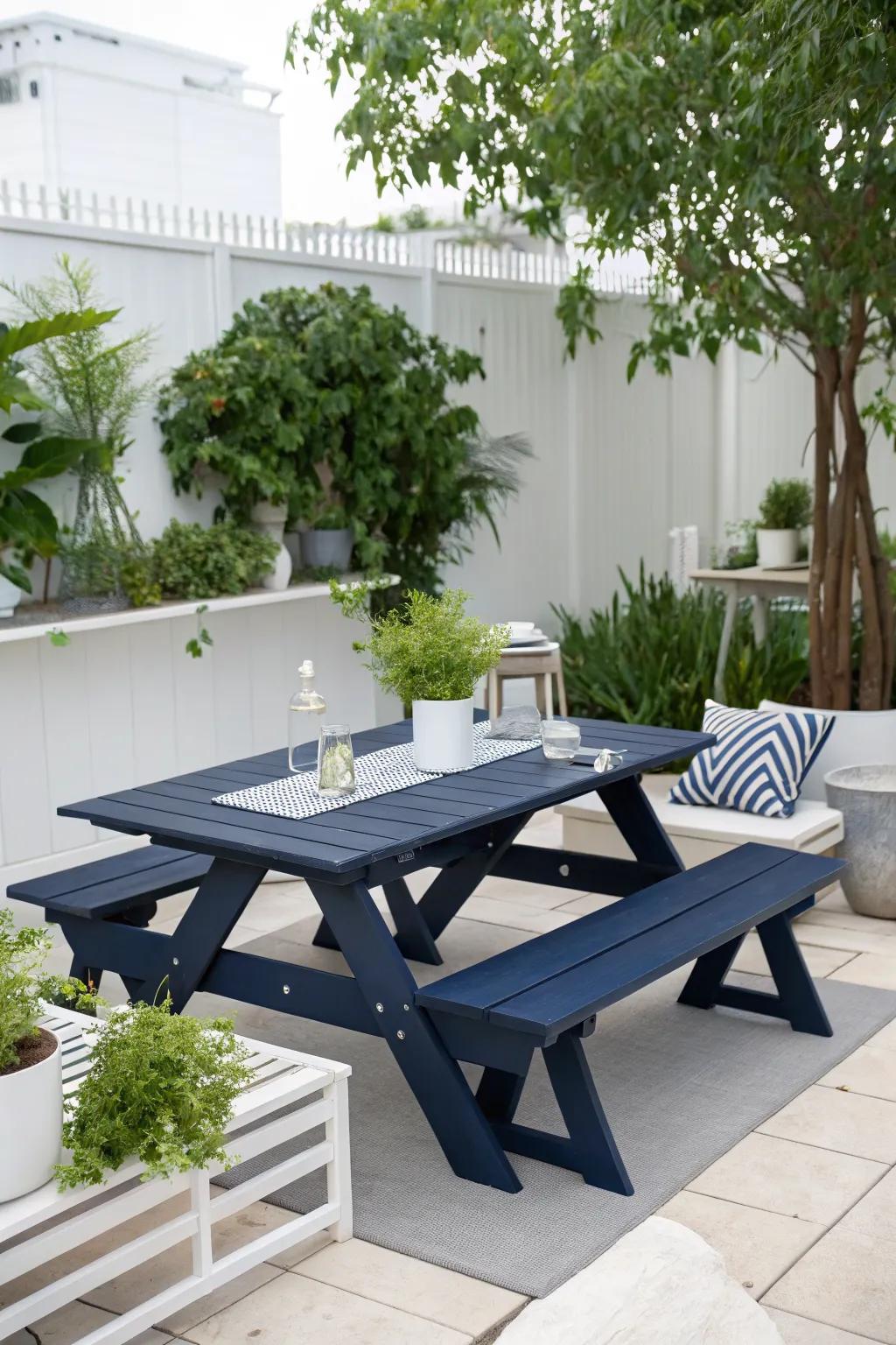 A navy blue picnic table with white accents adds sophistication to a modern patio.