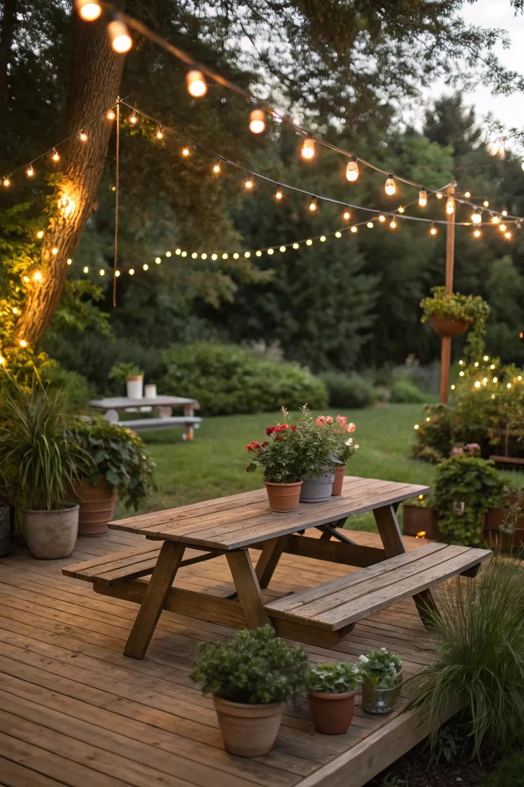 A picnic table graces a stylish patio, surrounded by greenery and lights.