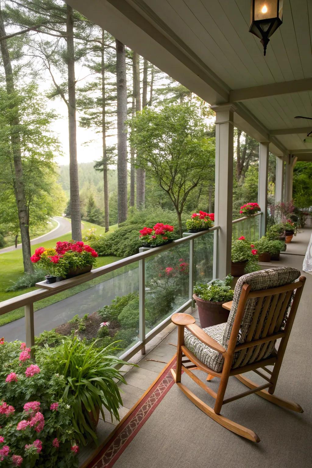 Glass panel railings offer clear views and a modern aesthetic.