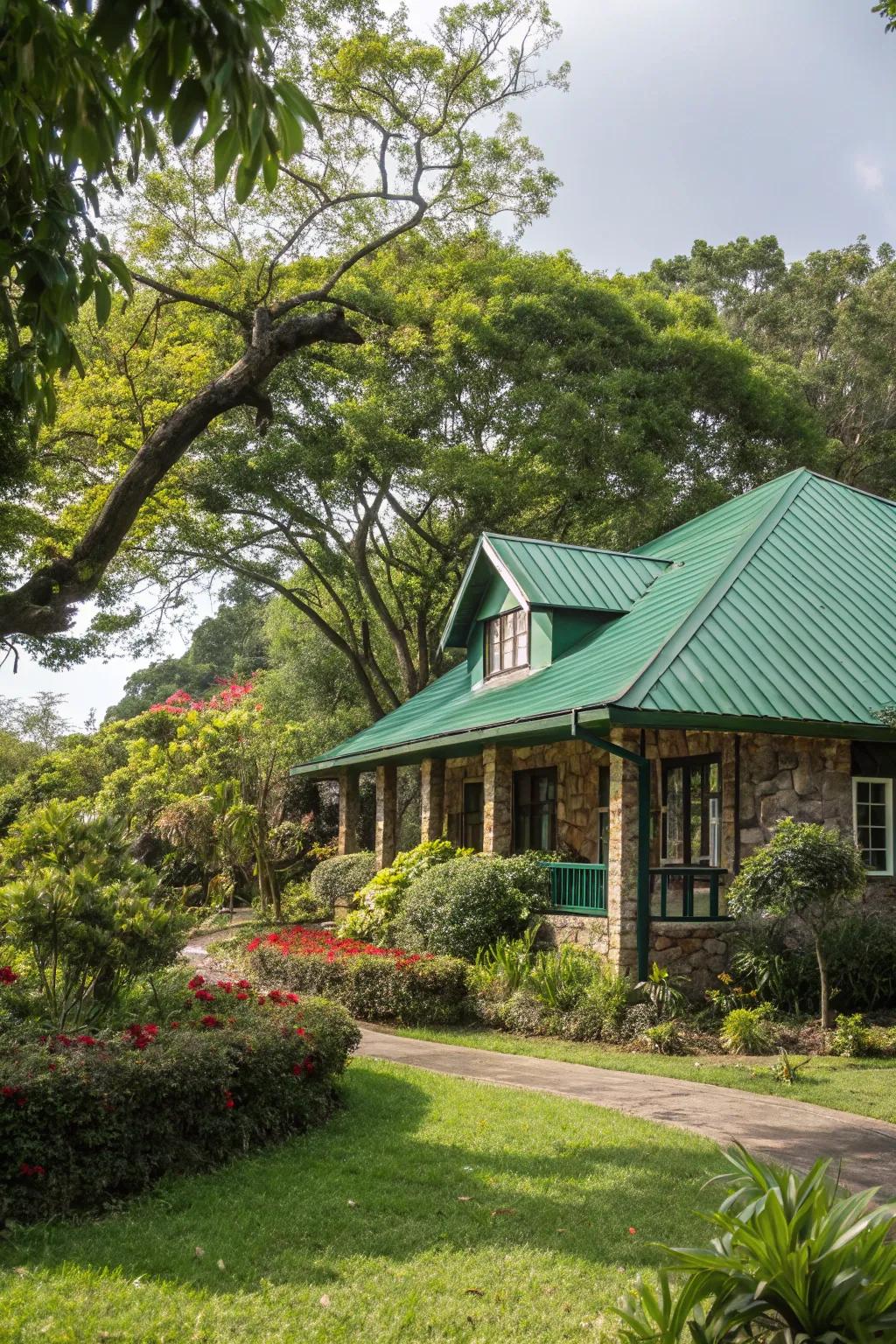 A home with a green metal roof that seamlessly blends with its lush surroundings.