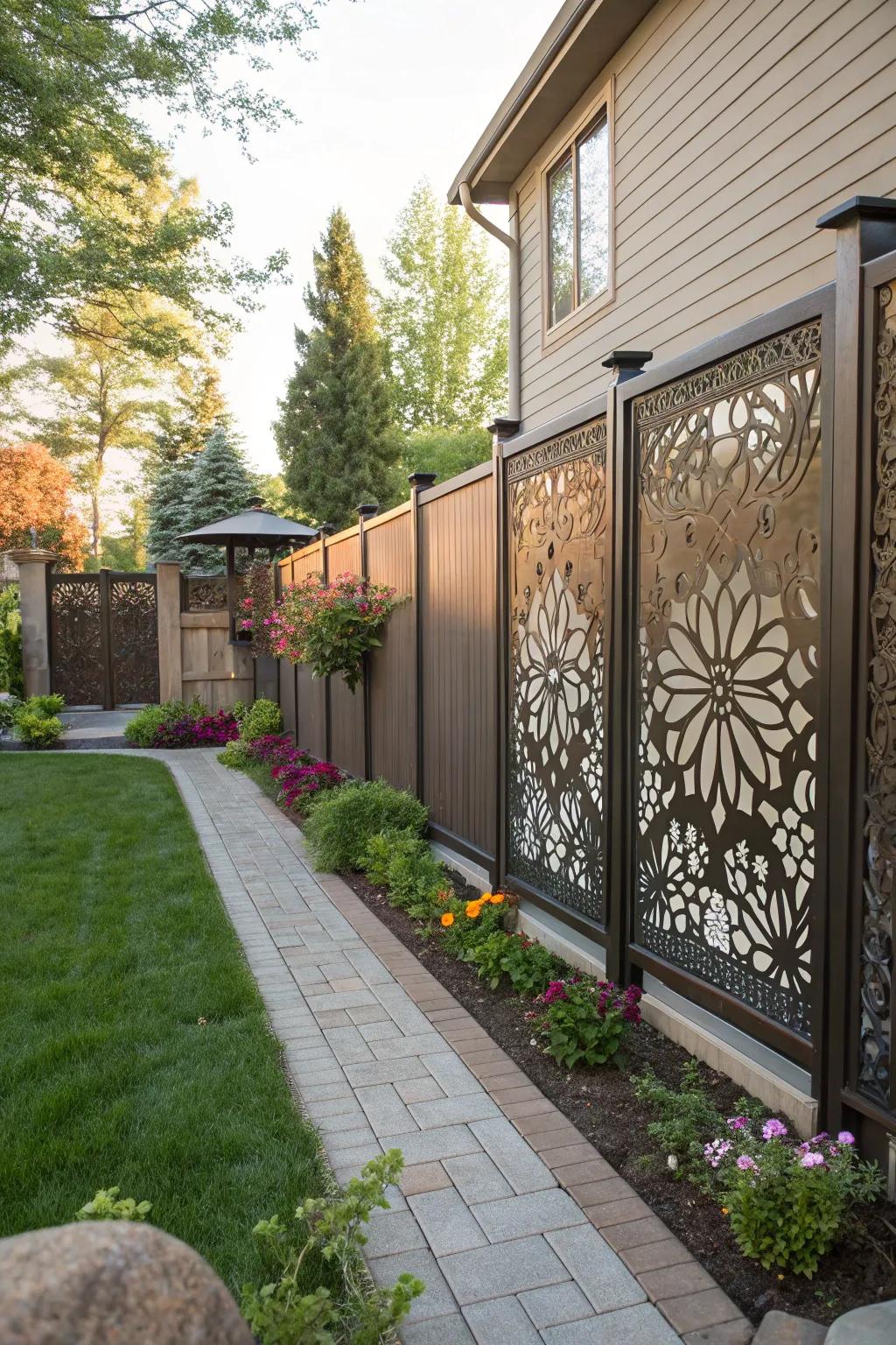 Artistic elegance with decorative metal panel privacy fence.