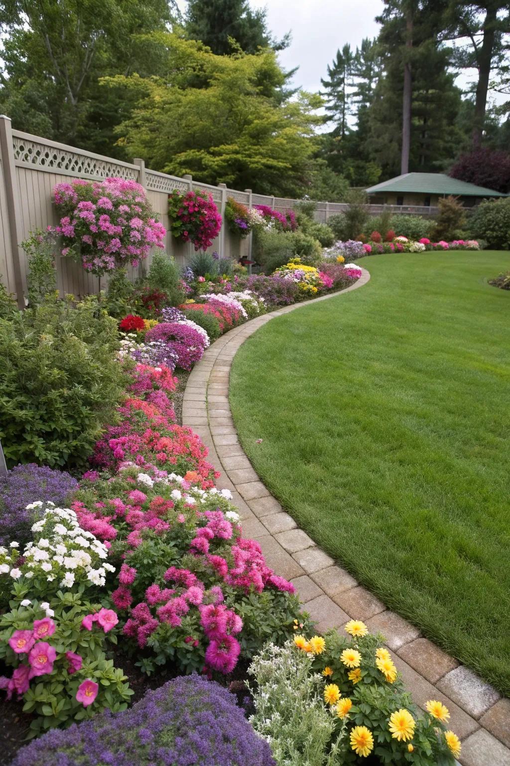 Vibrant flower beds add color and life to a pie-shaped backyard.