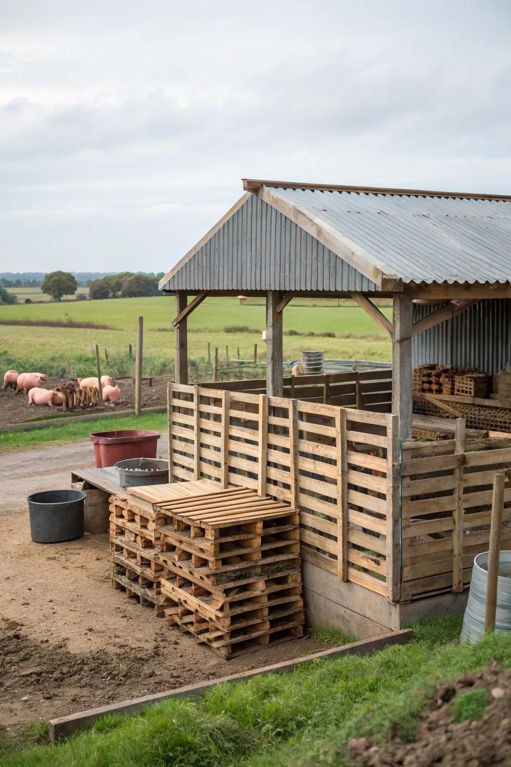 A robust pig shelter featuring a combination of pallets and metal roofing.