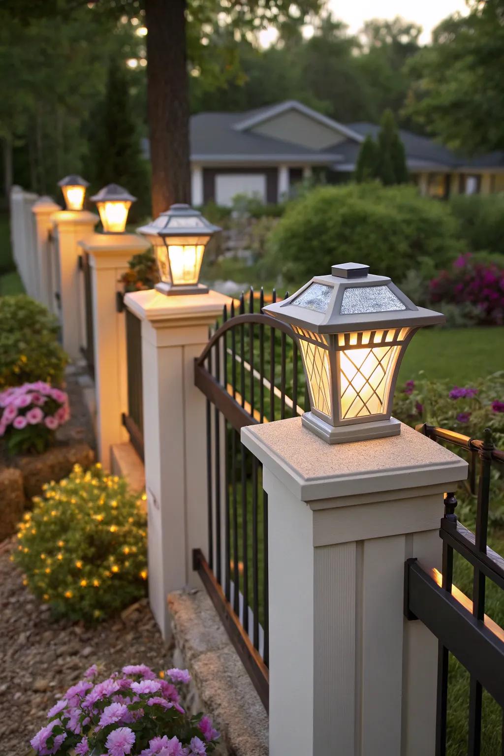Decorative caps with solar lights add charm and functionality.