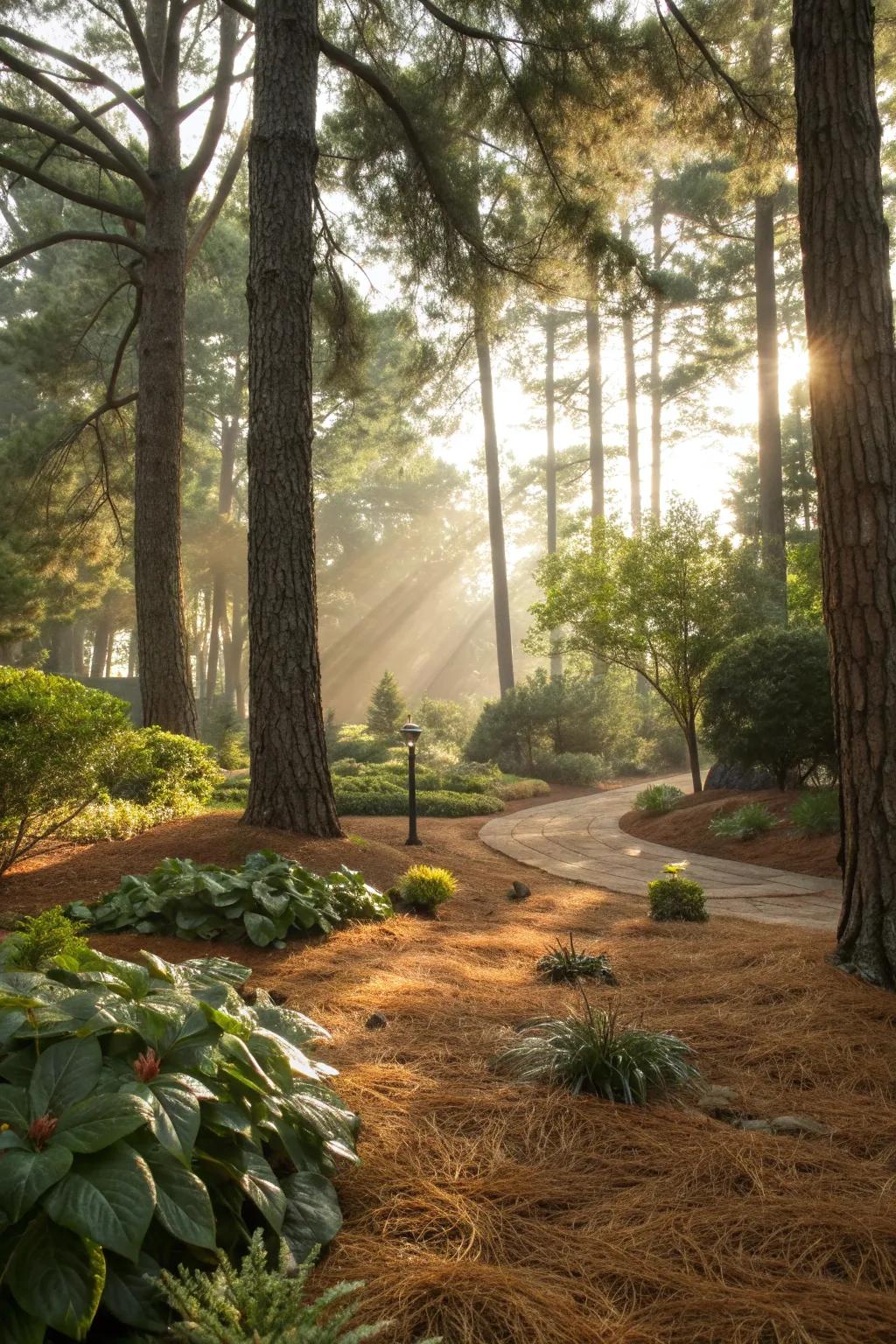 Pine straw provides a natural cover in this shaded garden area.