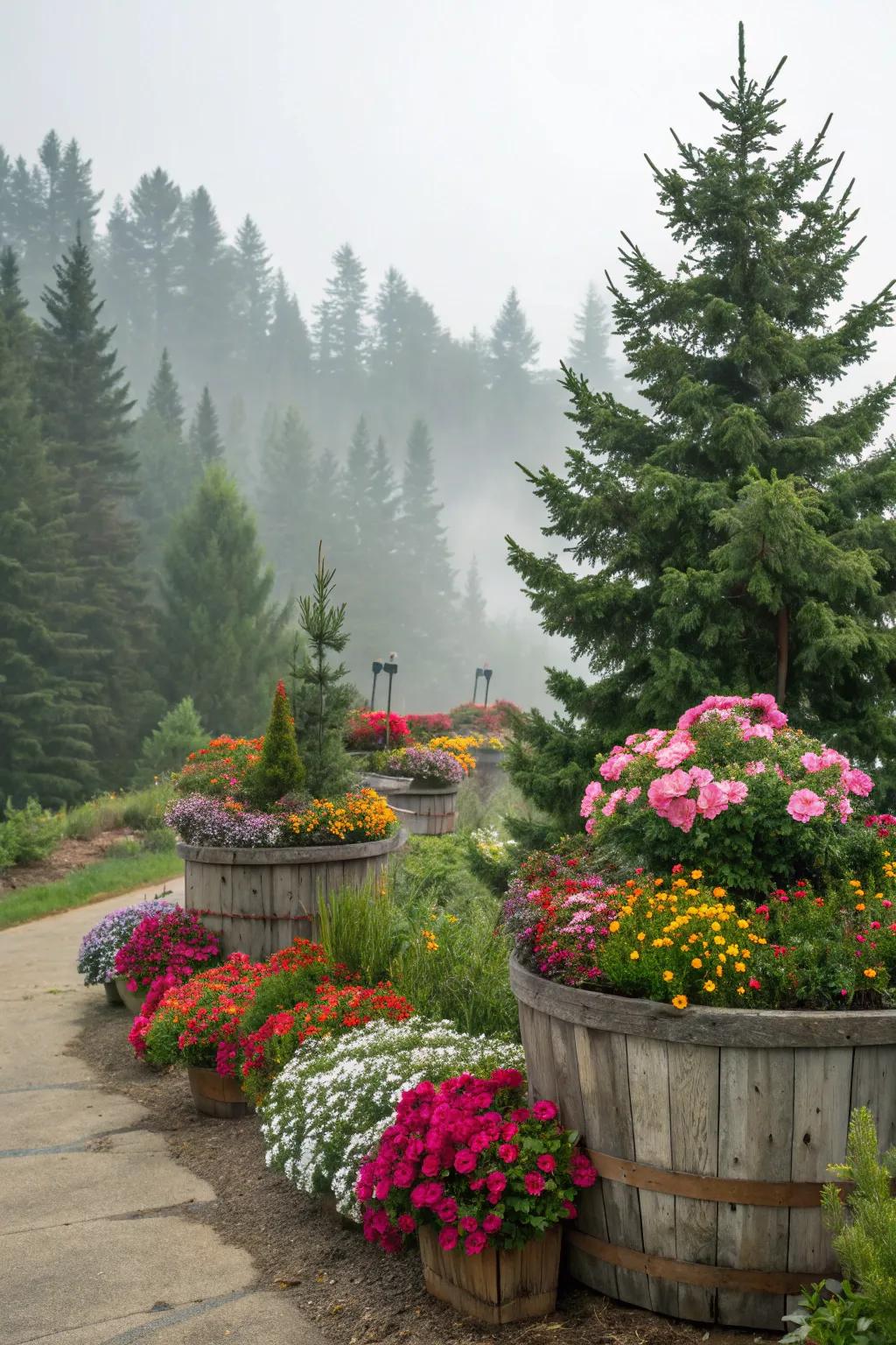 Container gardens add seasonal color and charm around pine trees.