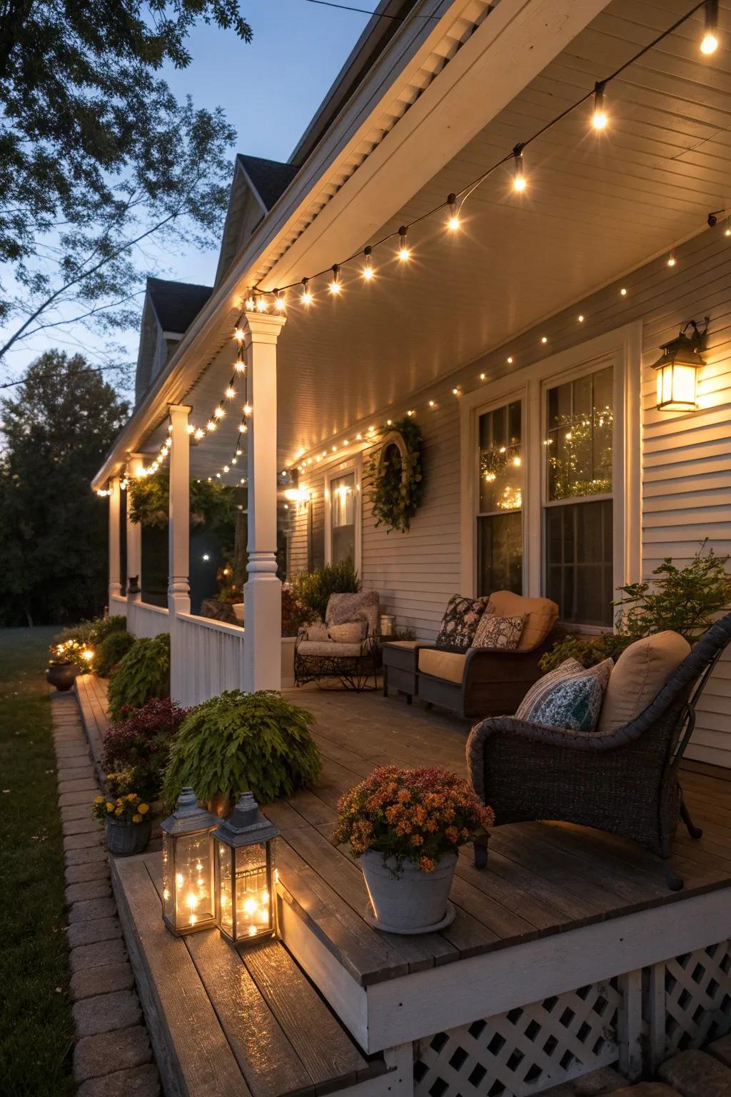 Ambient lighting creating a magical porch setting.