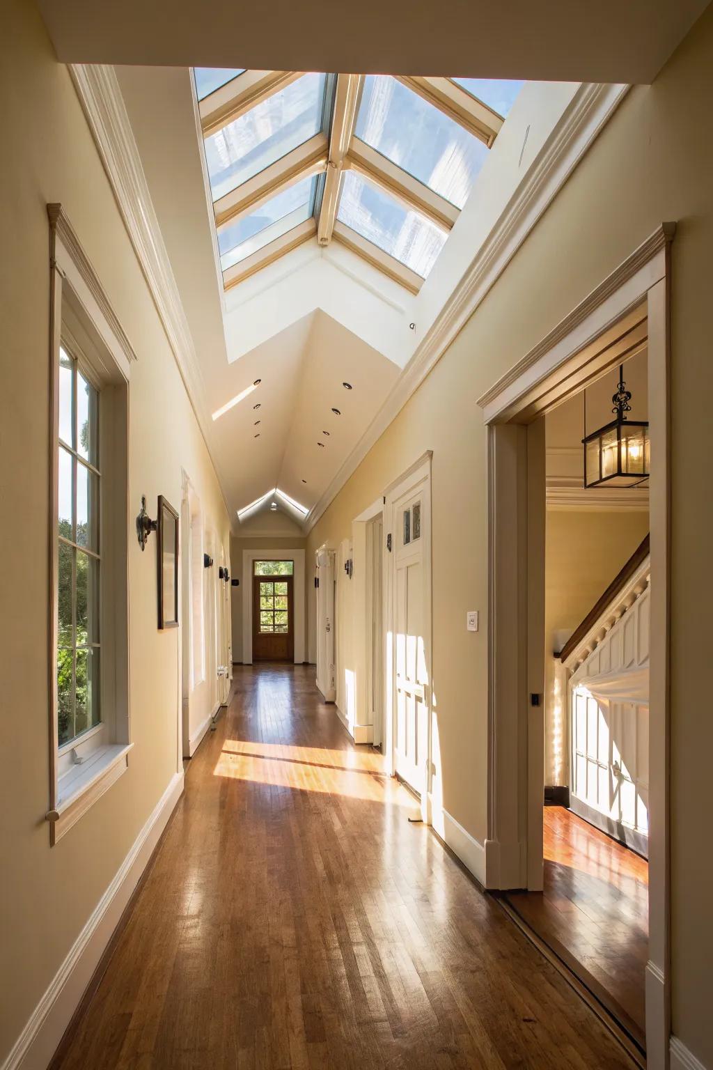 A normally dim hallway now vibrantly illuminated by a skylight.