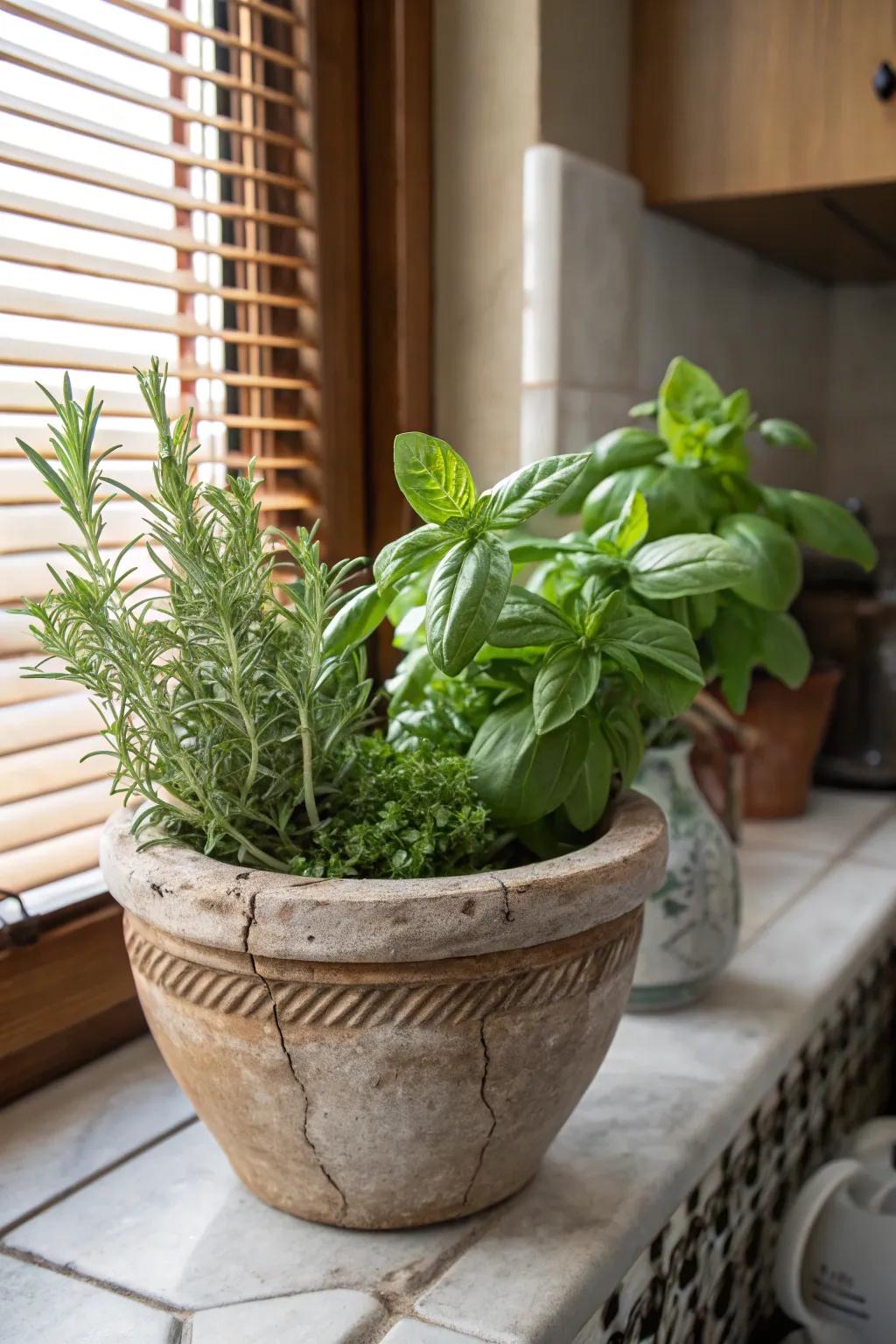 An herb haven with aromatic basil and rosemary, perfect for culinary use.
