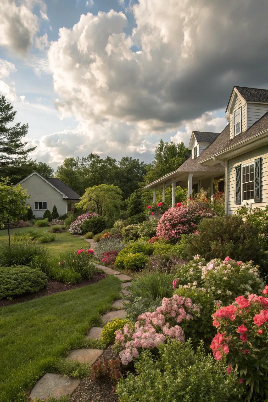 Create depth with a mix of shrubs and flowers.