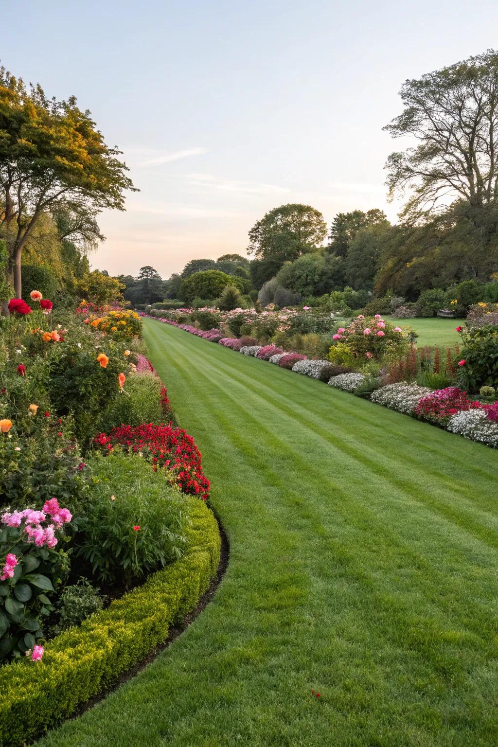 A lush green lawn complementing vibrant flower borders.
