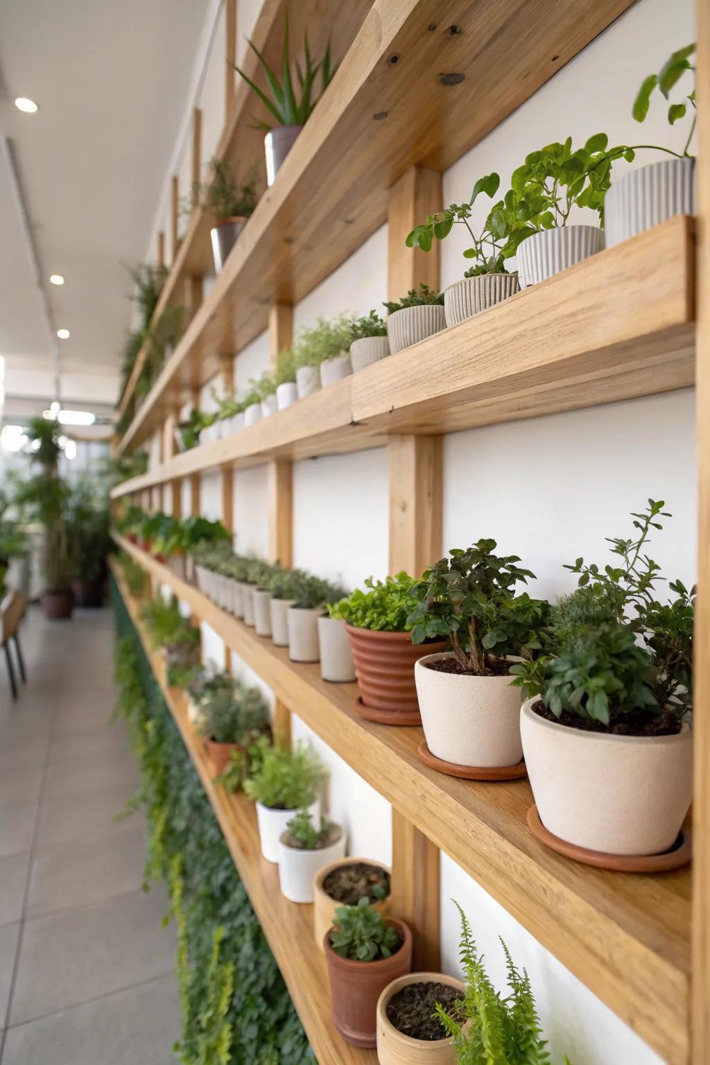 Wooden shelves showcasing an array of small potted plants.
