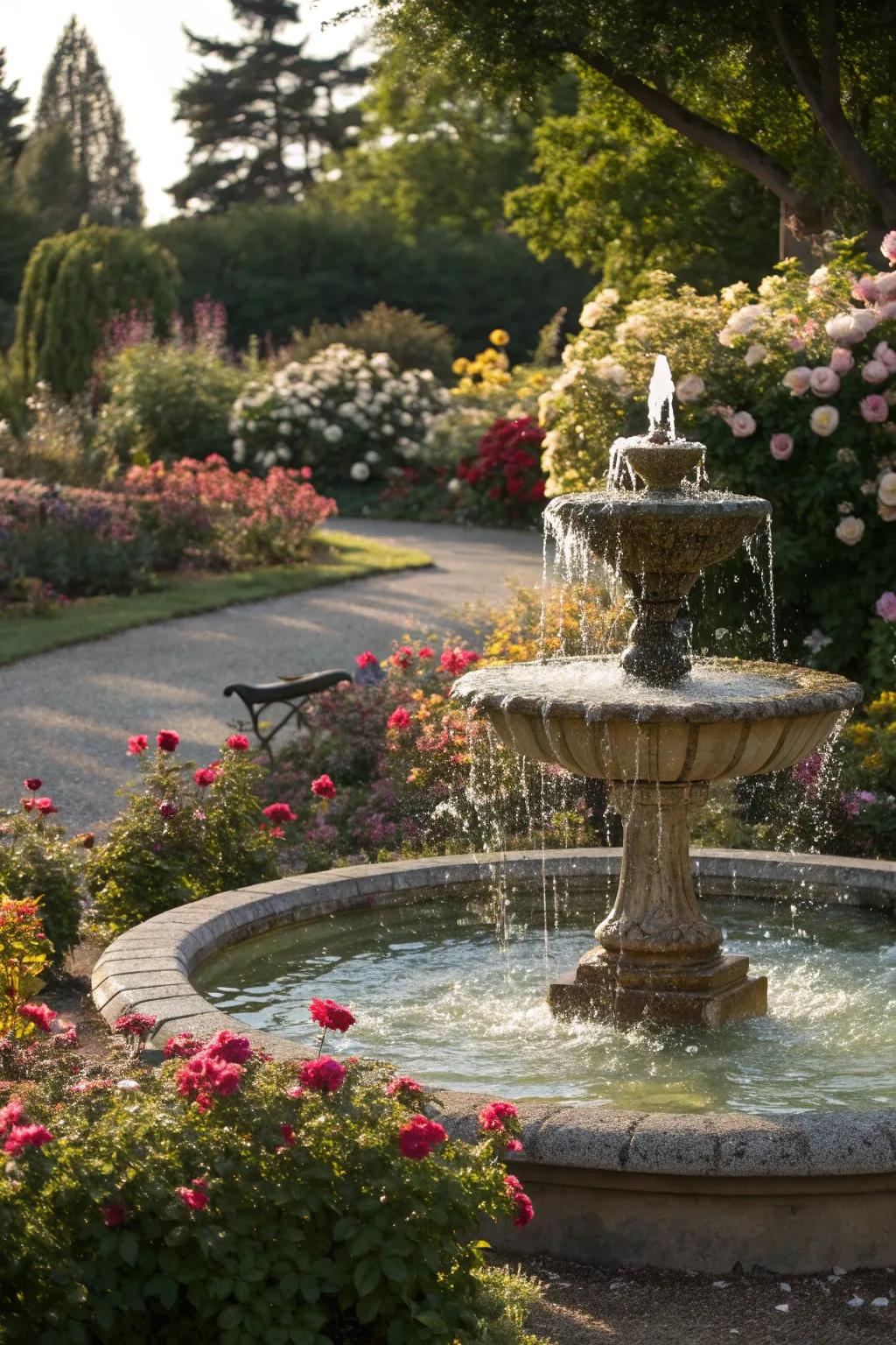 Floral borders bring vibrant colors to fountains.