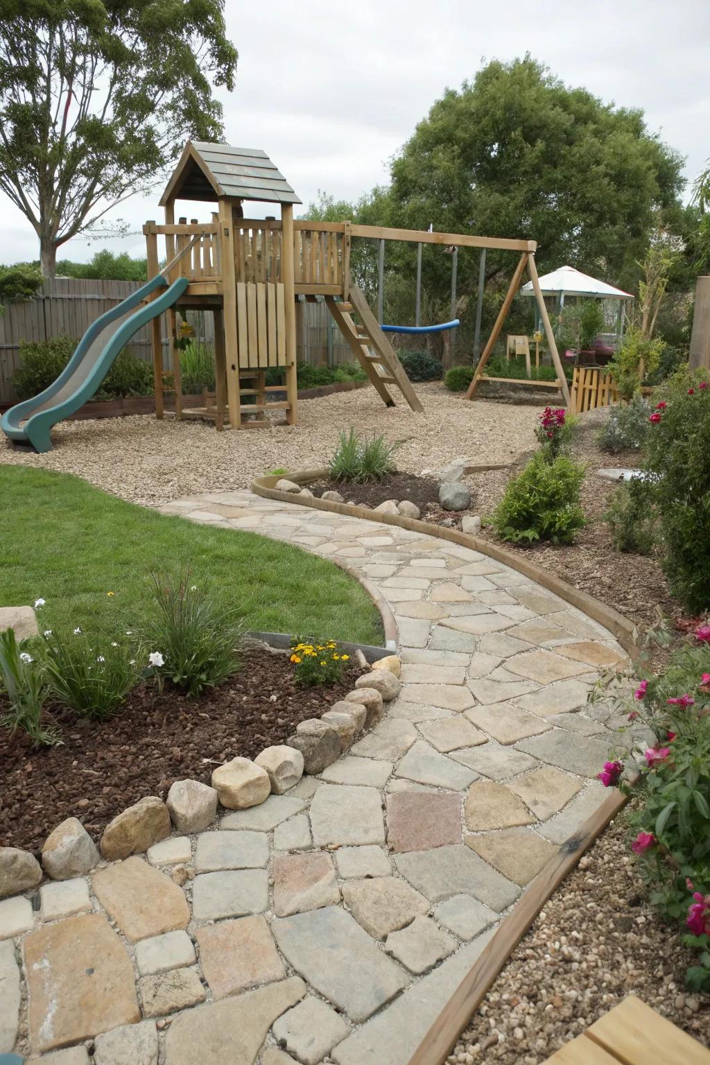 Stone and pebble borders offering a tactile playground edge.