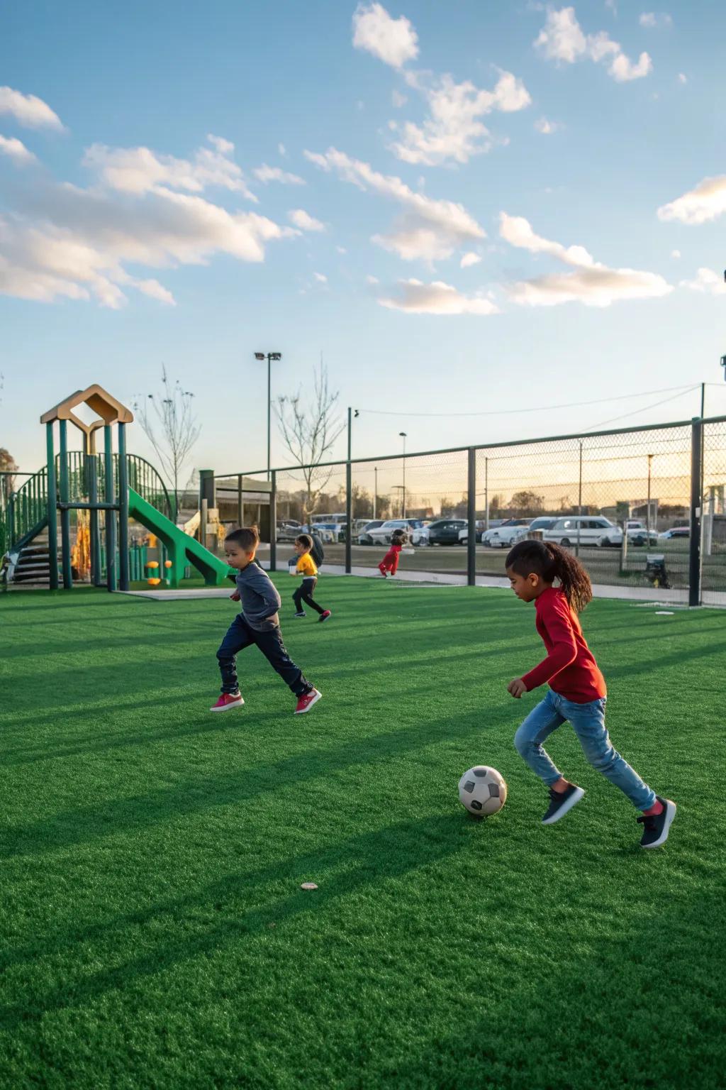 Artificial turf offers a lush, maintenance-free play surface.