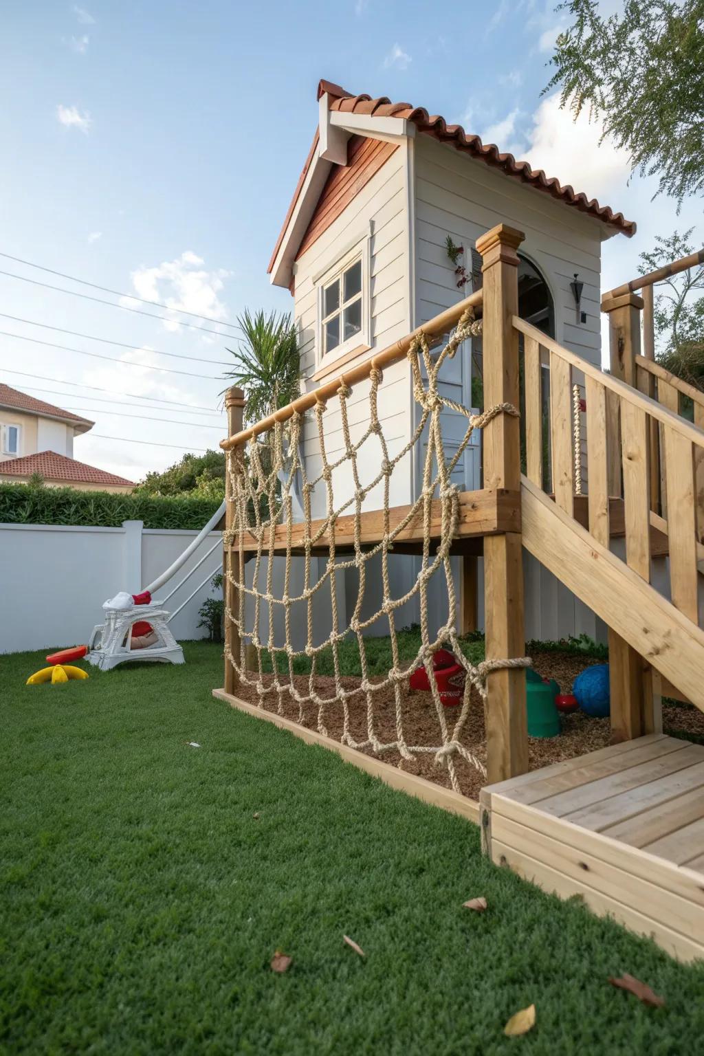 A rope and wood fusion railing offers a fun and adventurous look.