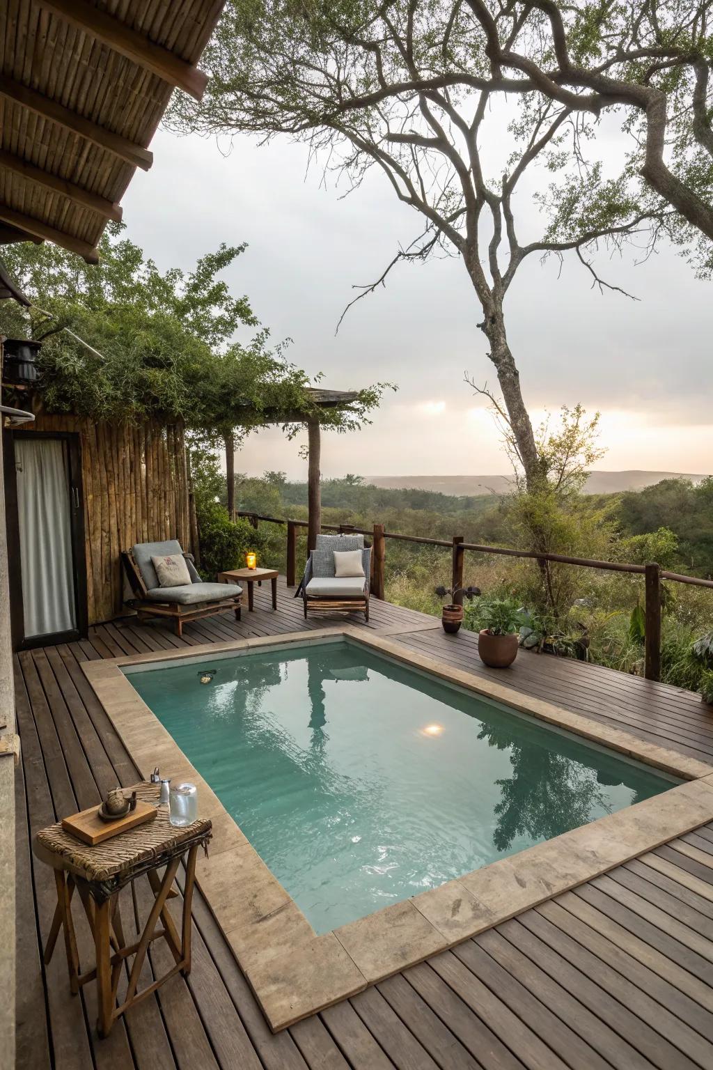 A plunge pool embraced by a beautifully crafted wooden deck.