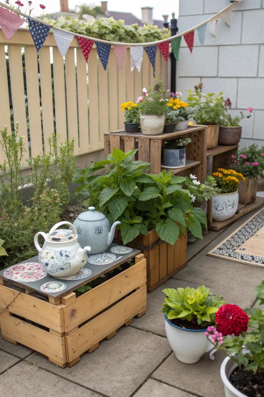 Diverse containers create a vibrant and eclectic pocket garden look.