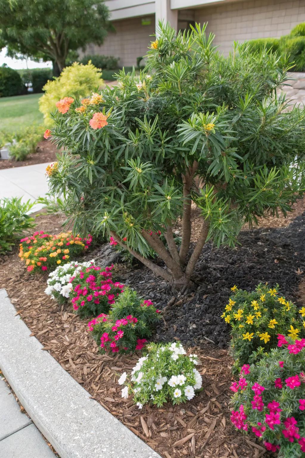 Vibrant planting bed with podocarpus and colorful blooms.