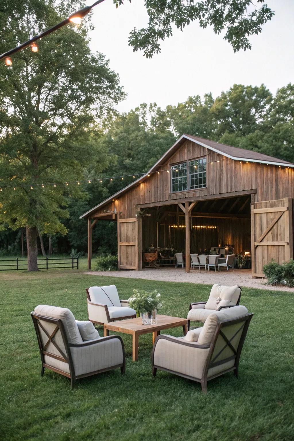 Outdoor furniture creates a perfect gathering spot near the pole barn.