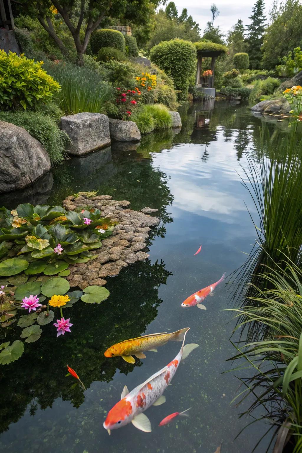 Koi fish bring life and movement to the pond.
