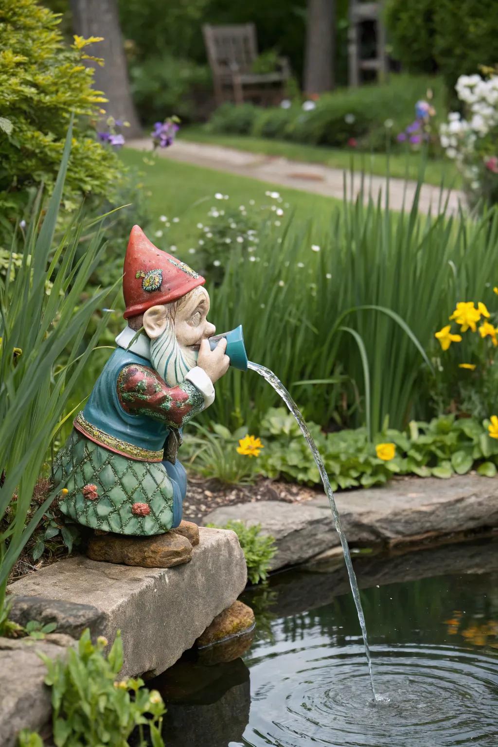 A fairy tale gnome spitter adds a playful touch to your garden.